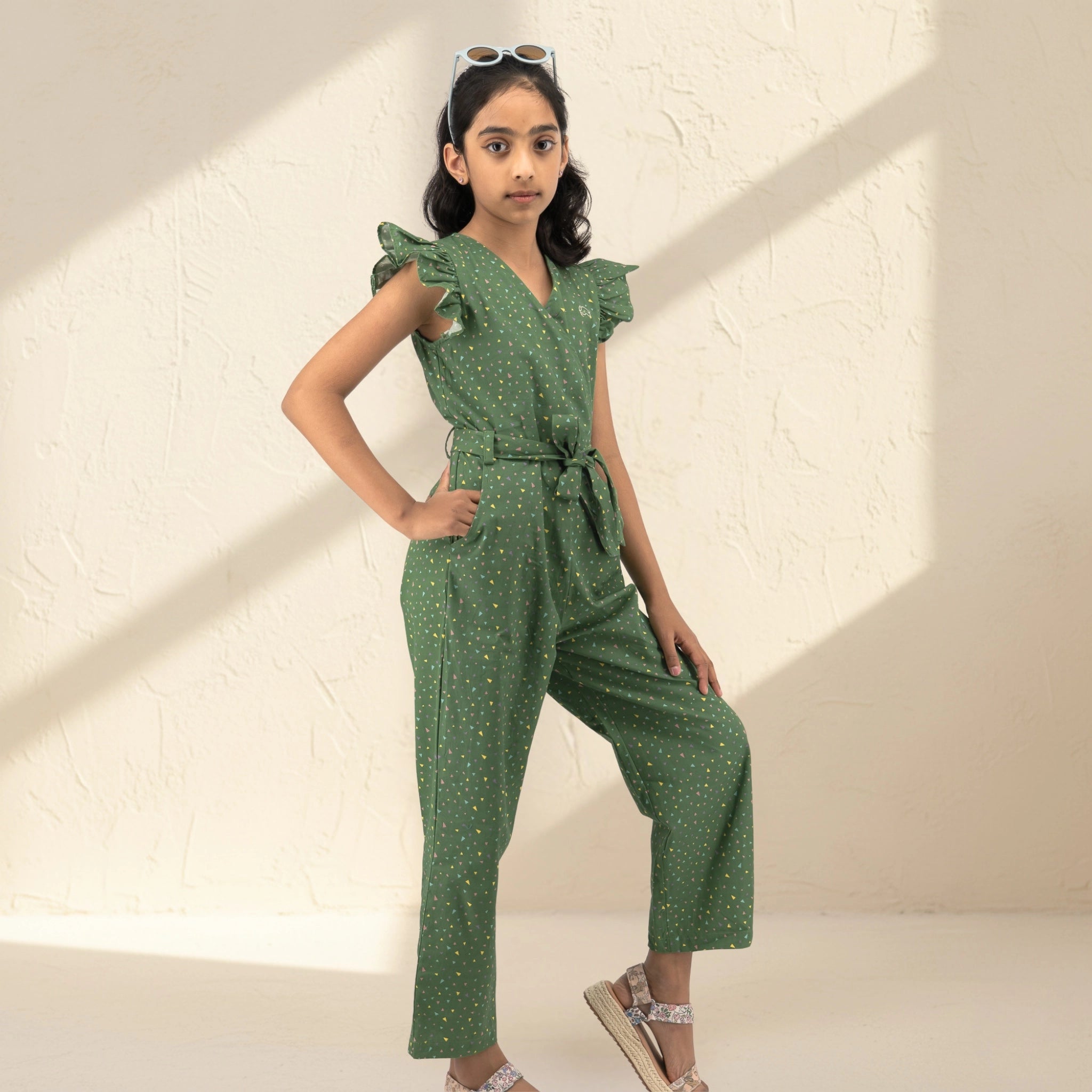 Green Confetti Cotton V-Neck Jumpsuit for Girls | Karee Sustainable Kidswear Age 9-10 Kids Karee