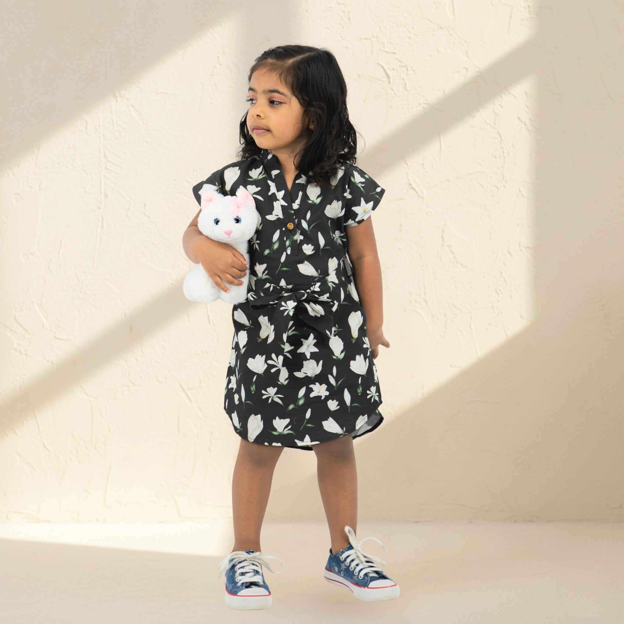 Black Lilly Blossom Cotton Shirt Dress for Girls | Karee Sustainable Kidswear Kids Karee