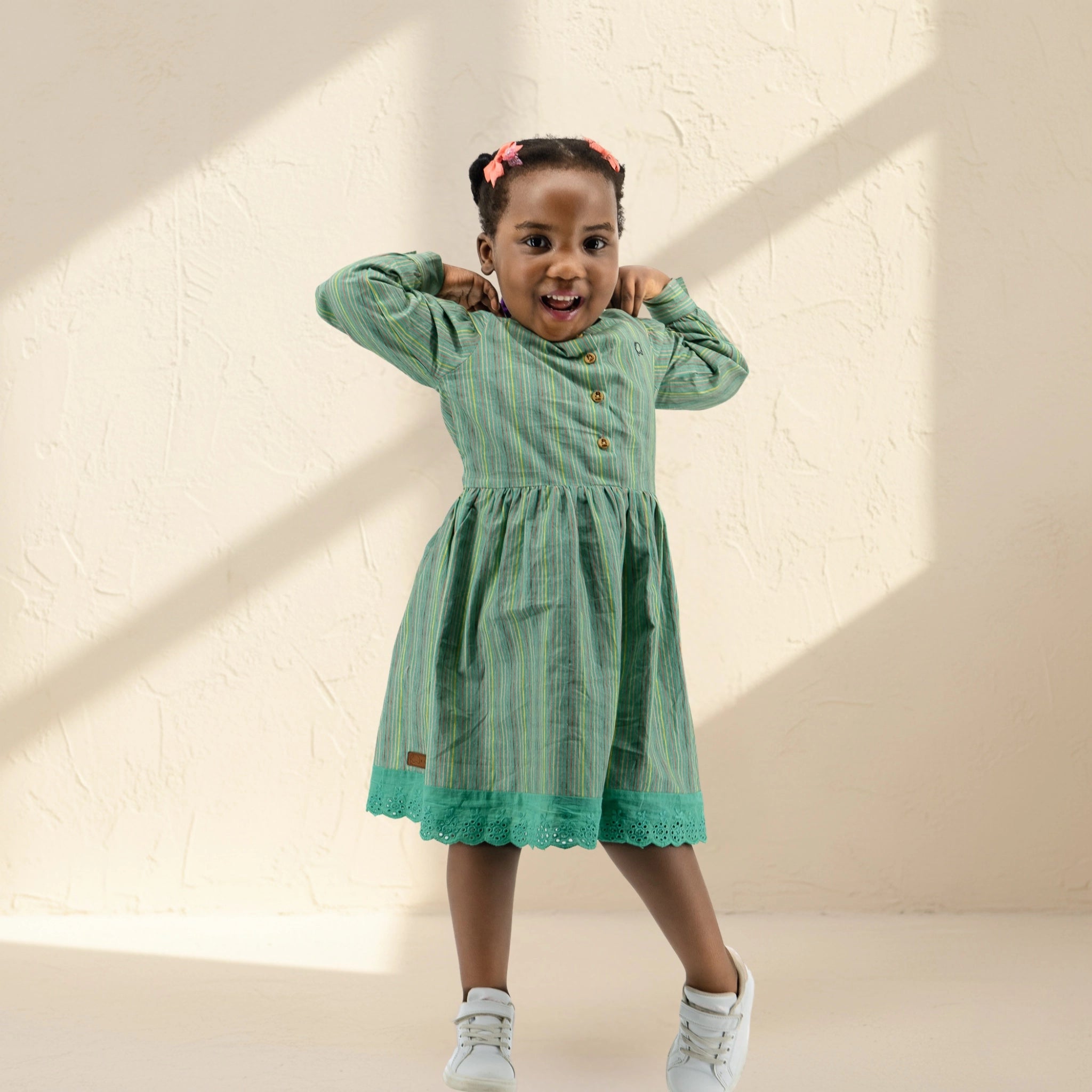 Green Striped Puff Sleeve Cotton Dress for Girls | Karee Sustainable Kidswear Kids Karee