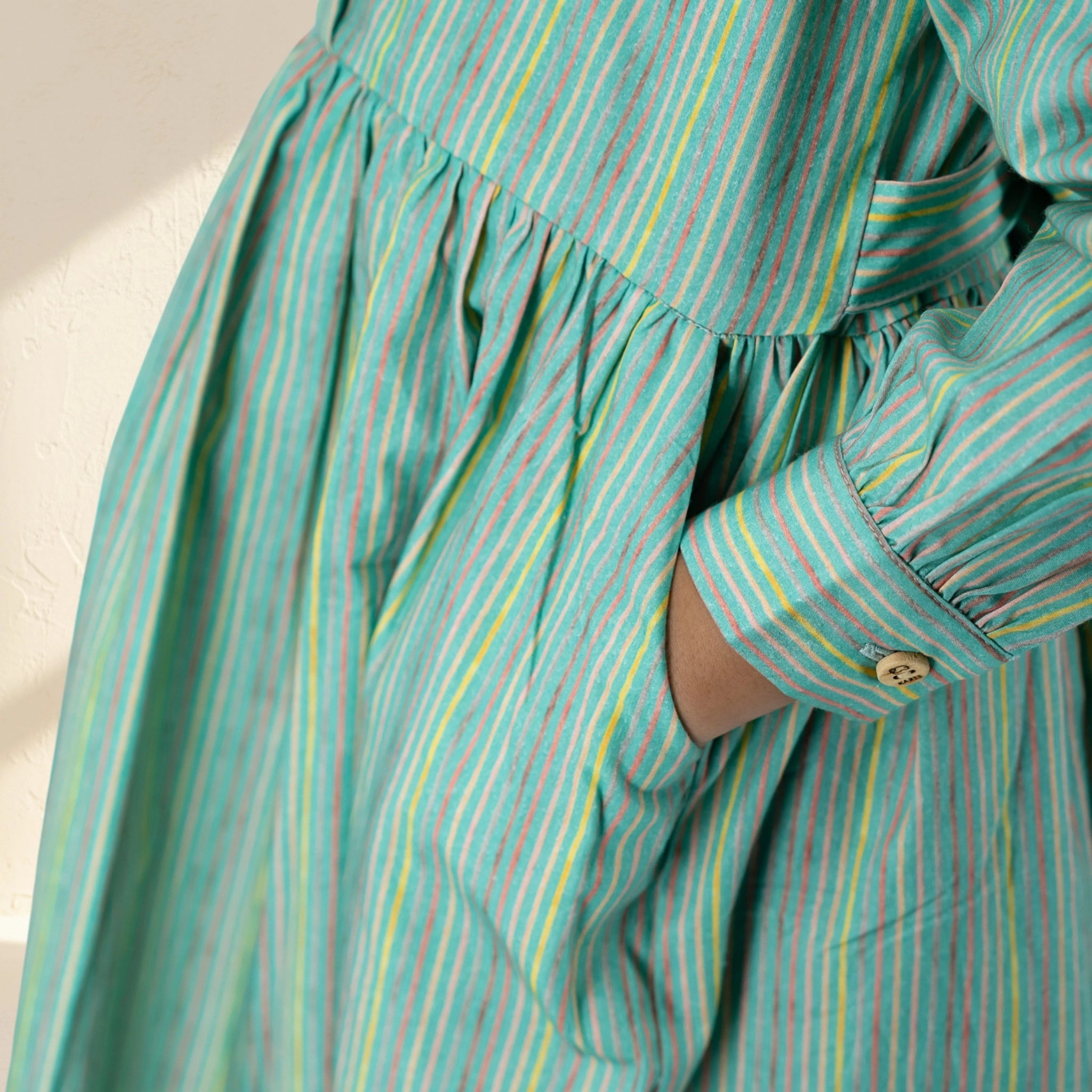 Green Striped Puff Sleeve Cotton Dress for Girls | Karee Sustainable Kidswear Kids Karee