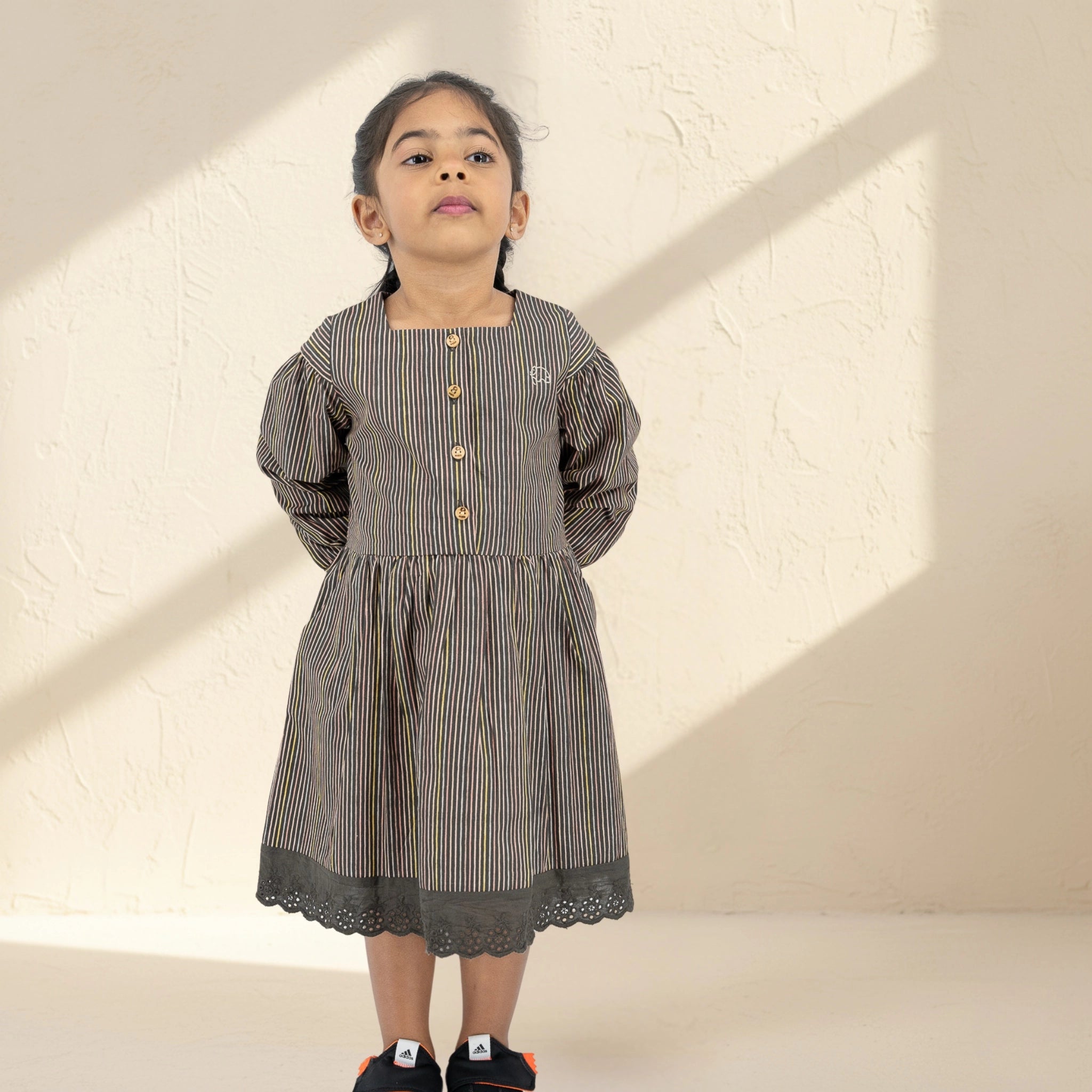 Black Striped Full Sleeve Cotton Dress for Girls | Karee Sustainable Kidswear Age 6-7 Kids Karee