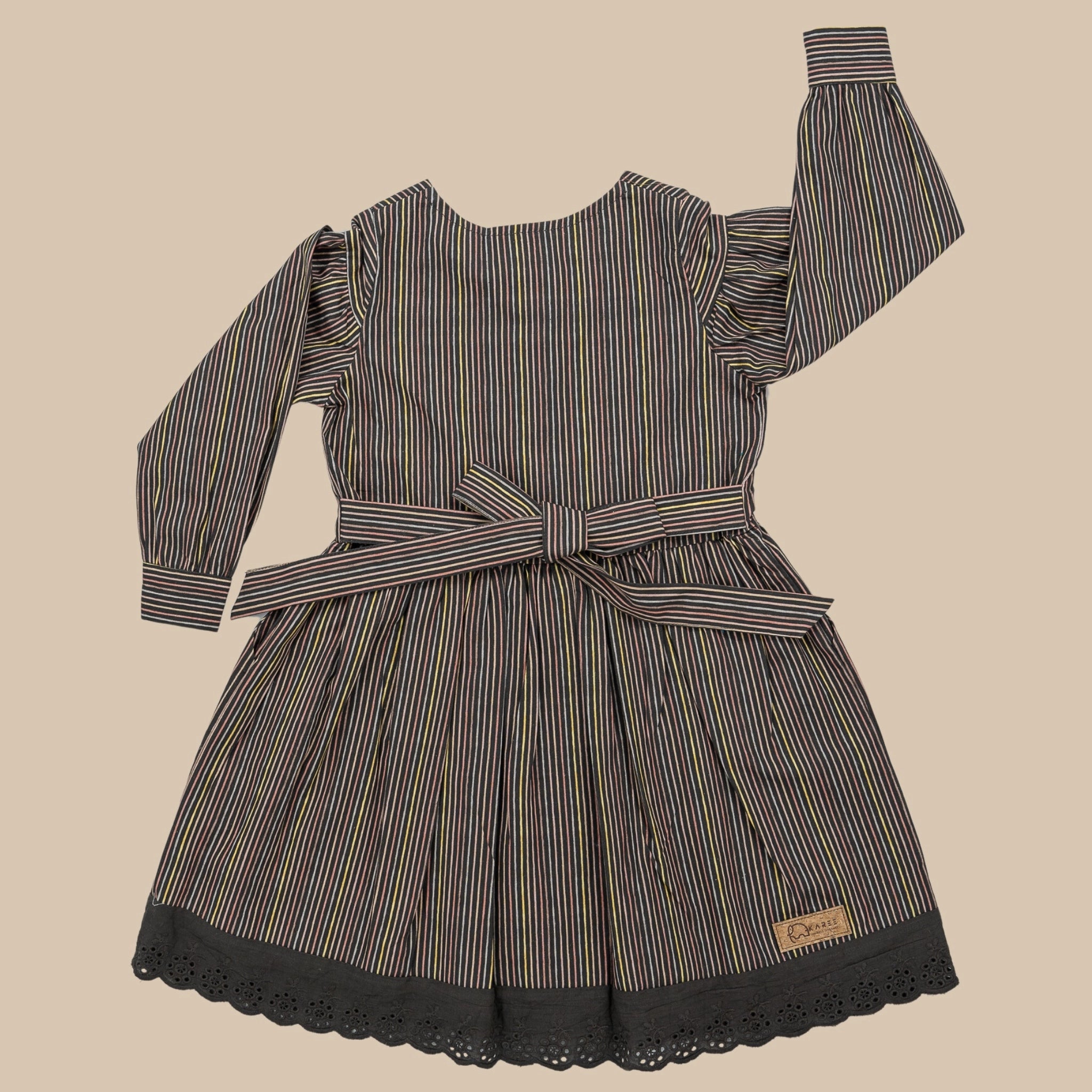 Black Striped Full Sleeve Cotton Dress for Girls | Karee Sustainable Kidswear Kids Karee