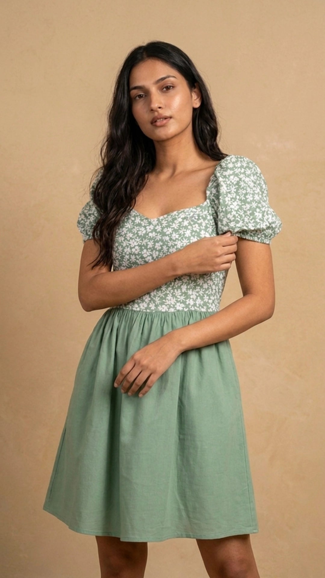 Green Floral Fit and Flare Cotton Linen Dress for Women India | Karee Women Karee