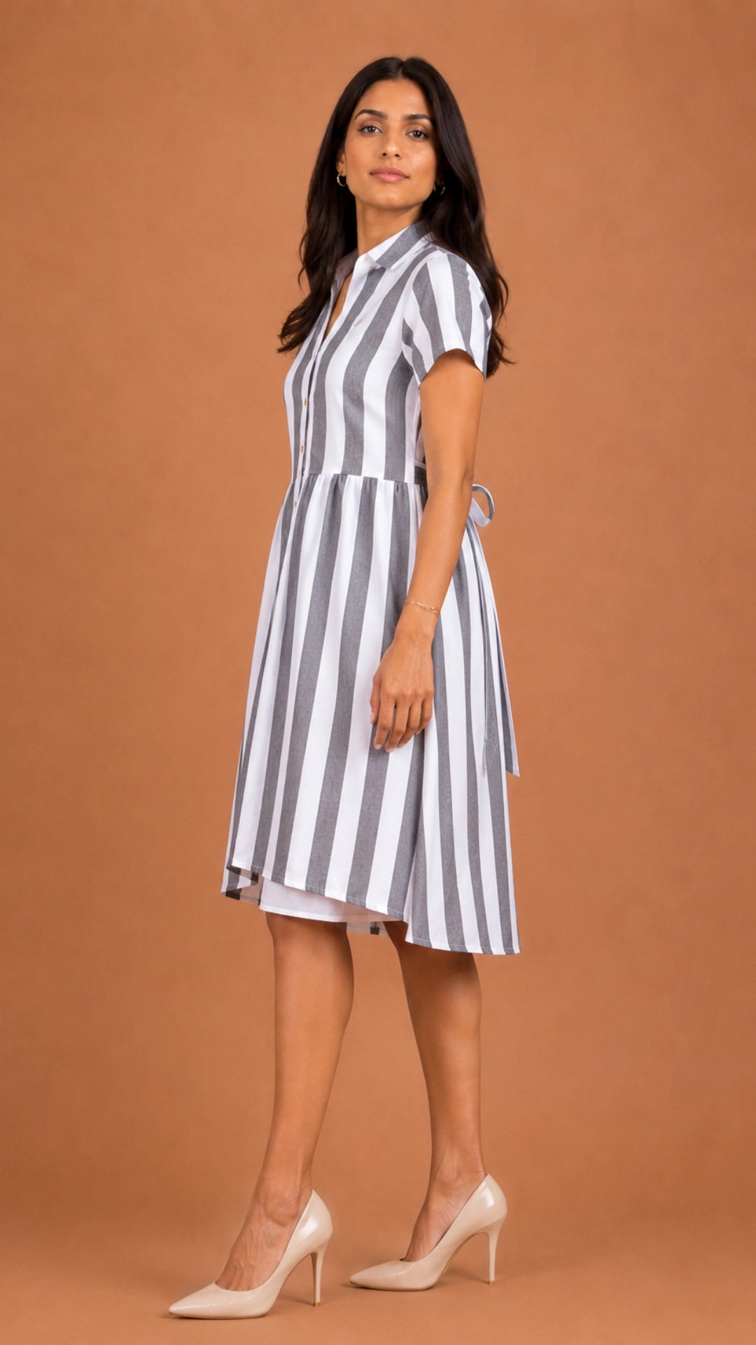 Grey White Stripe Slit Midi Dress for Women India | Karee Women Karee
