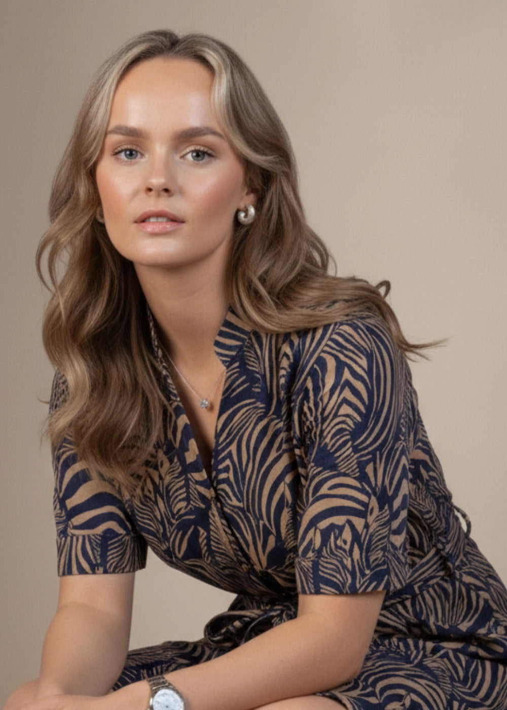 Navy Nights Golden Leaves Linen Shirt Dress