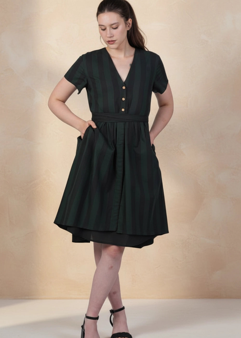 Green & Black Striped Elegance Slit Dress