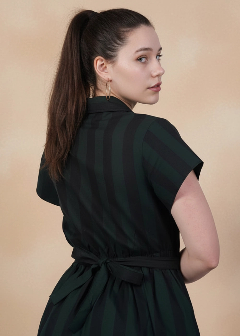 Green & Black Striped Elegance Slit Dress