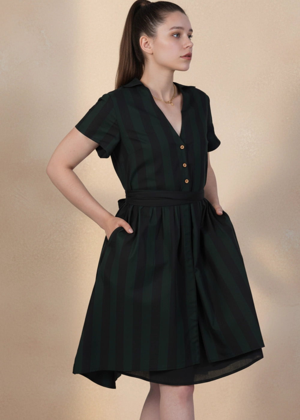 Green & Black Striped Elegance Slit Dress