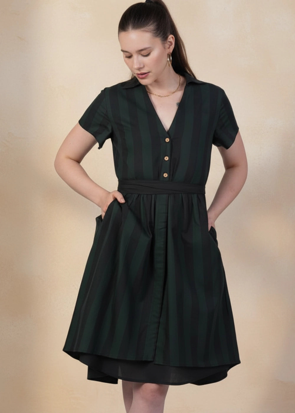 Green & Black Striped Elegance Slit Dress
