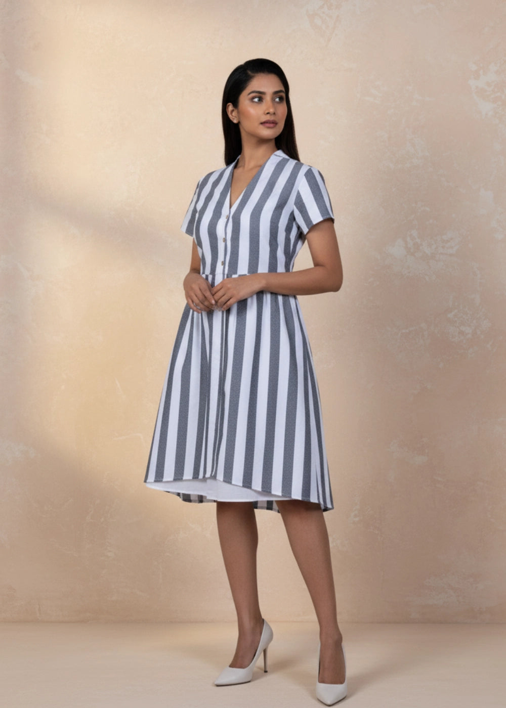 Timeless Striped Elegance Slit Dress (Grey & White)