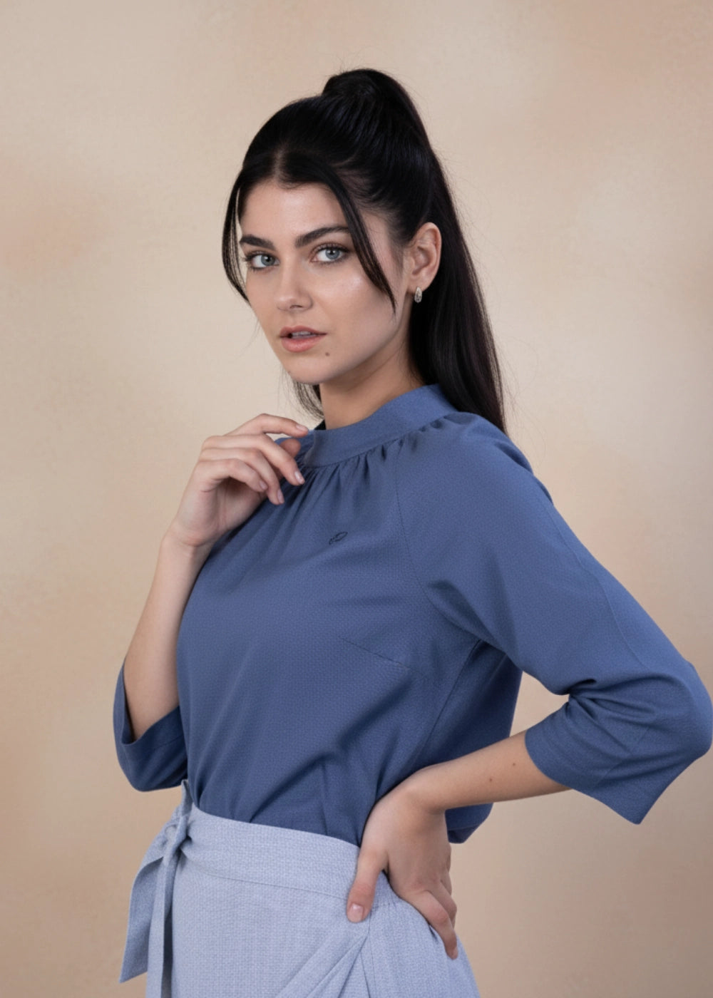 Bio Blue 3/4 Sleeve Linen Top