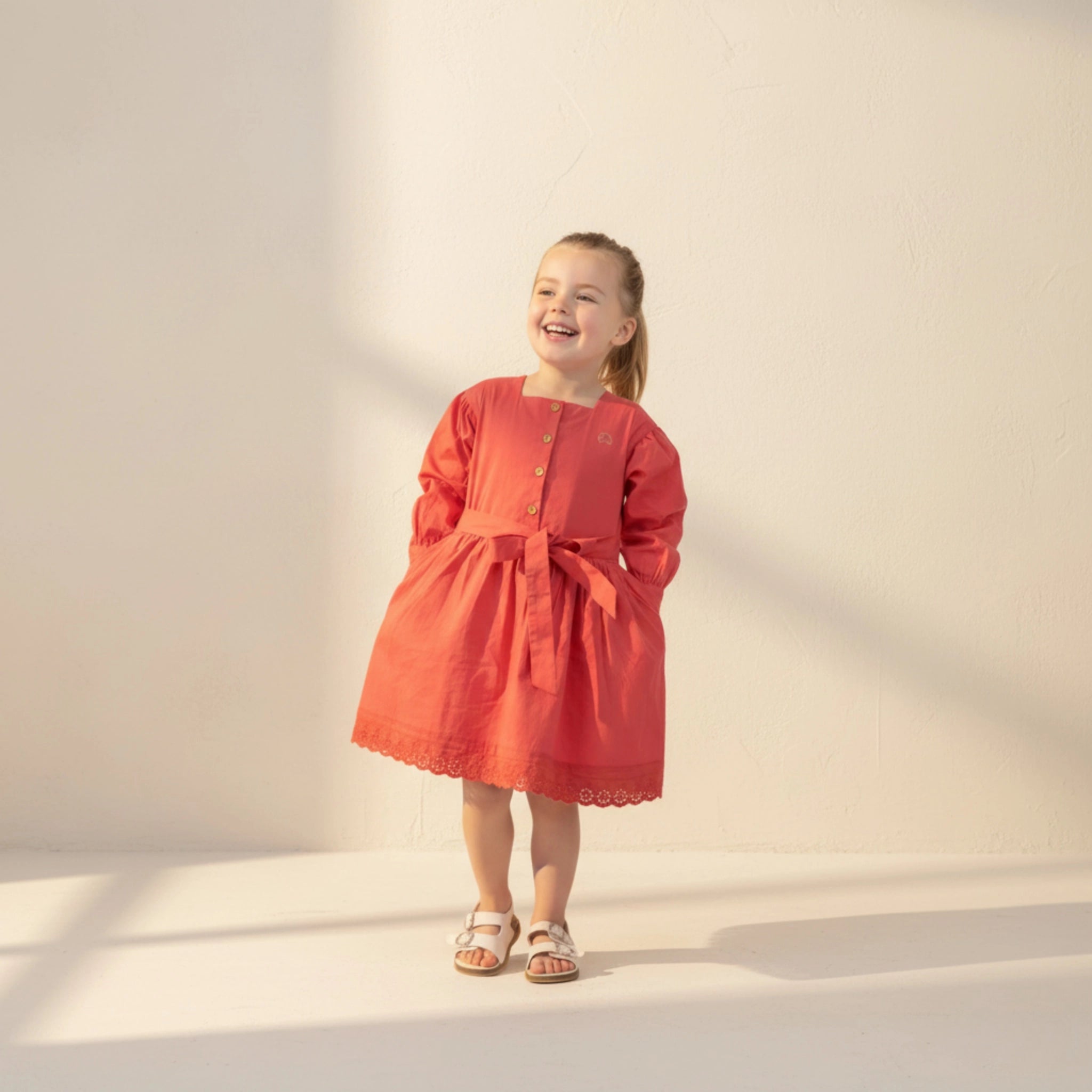 Red Long Puff Sleeve Cotton Dress Kids Karee