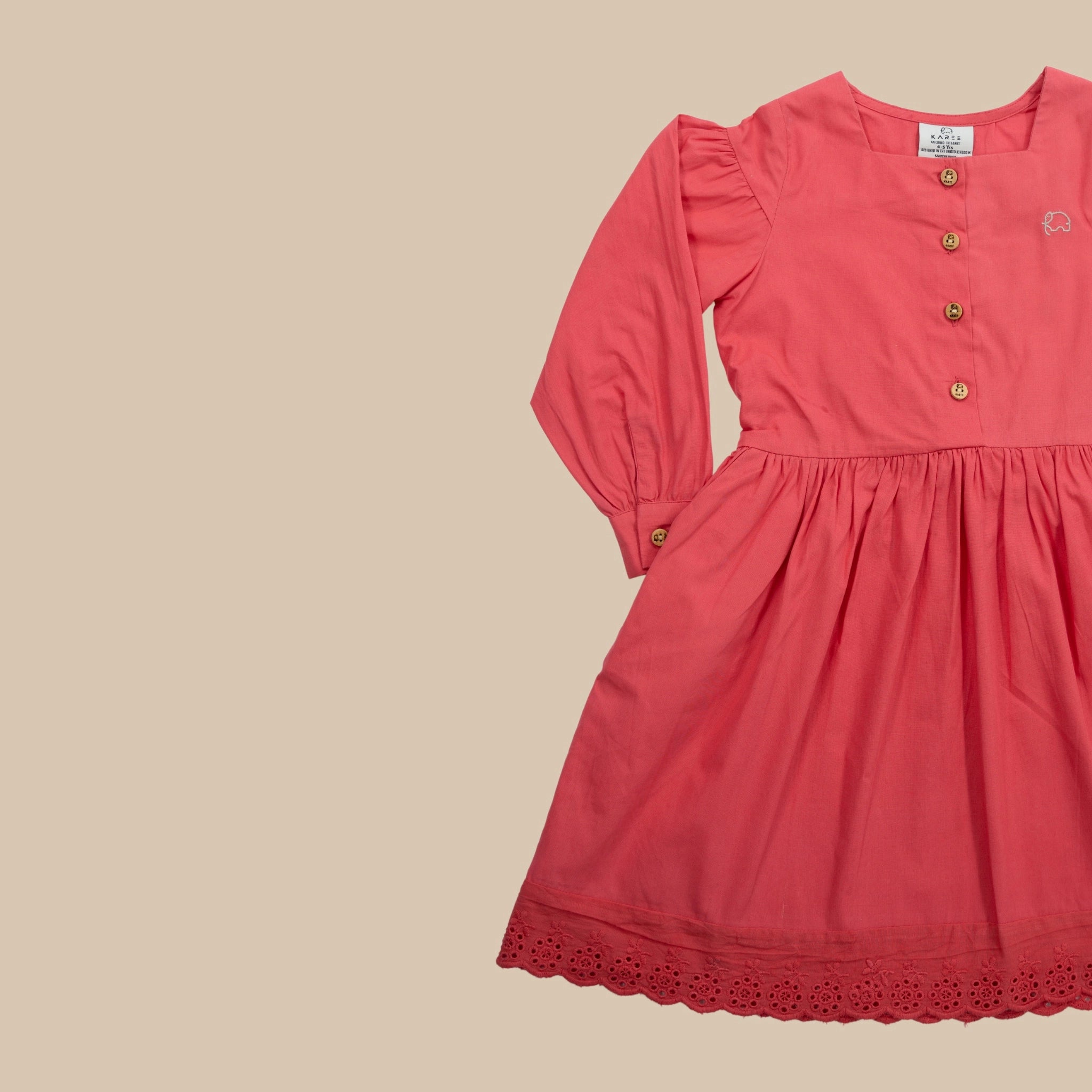 Red Long Puff Sleeve Cotton Dress Kids Karee