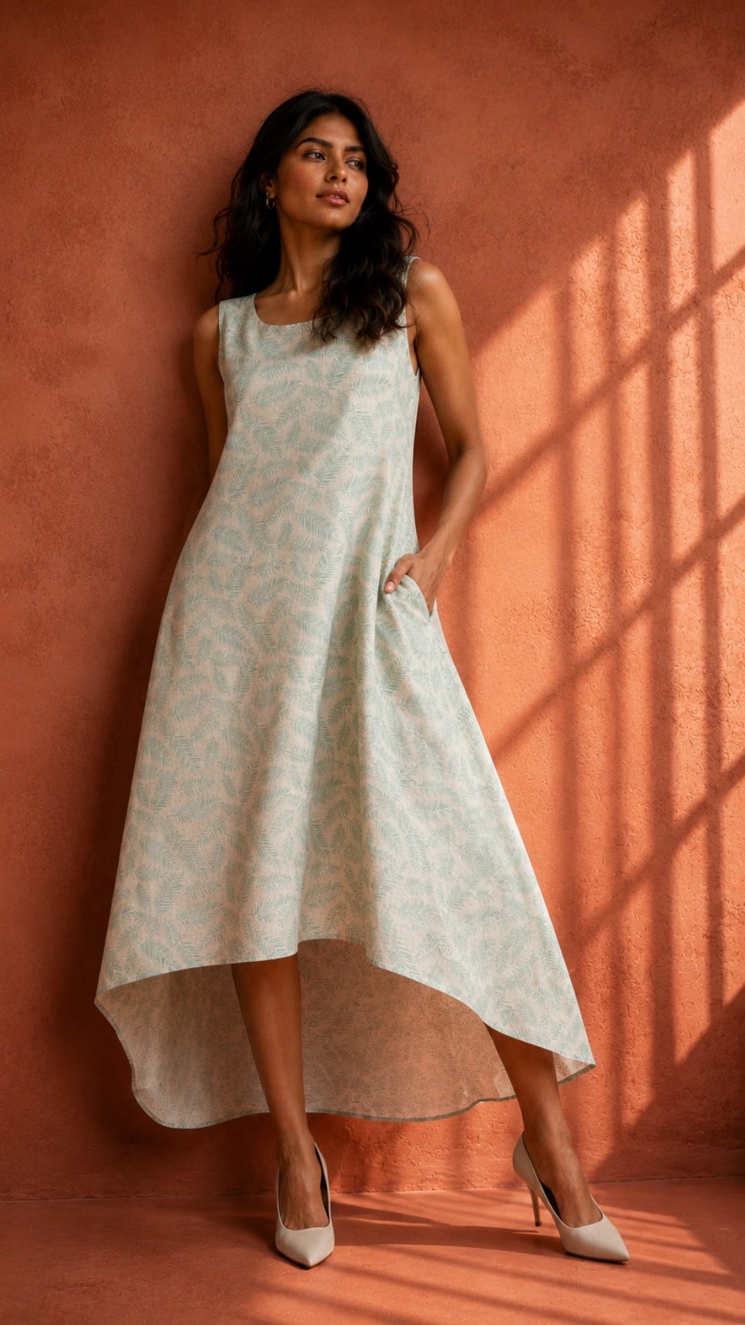 Blue Botanical Print High-Low Linen Cotton Dress for Women India | Karee Women Karee