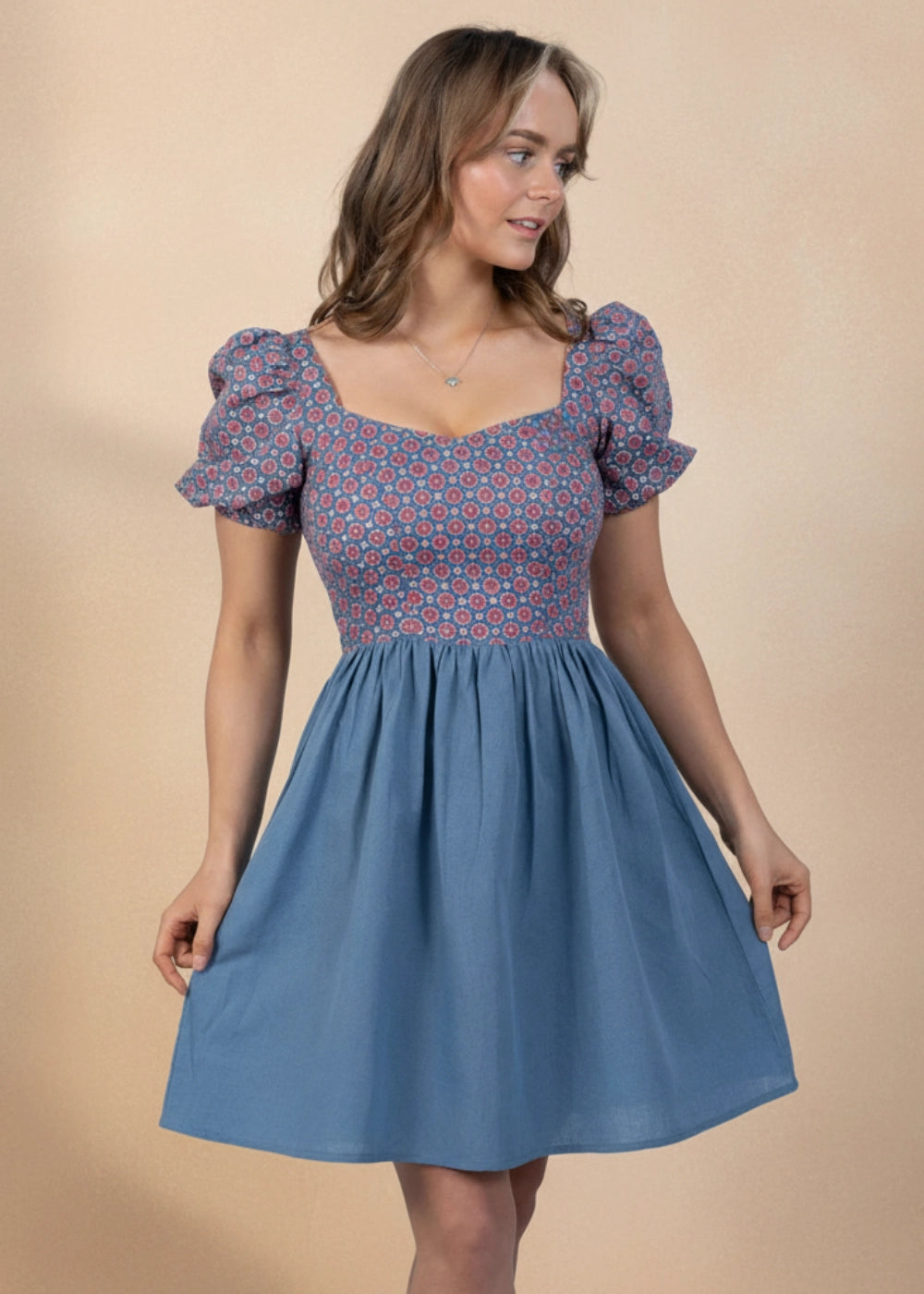 slim fit dress slacks Roman Elegance Fit & Flare Blue Printed Cotton-Linen Dress
