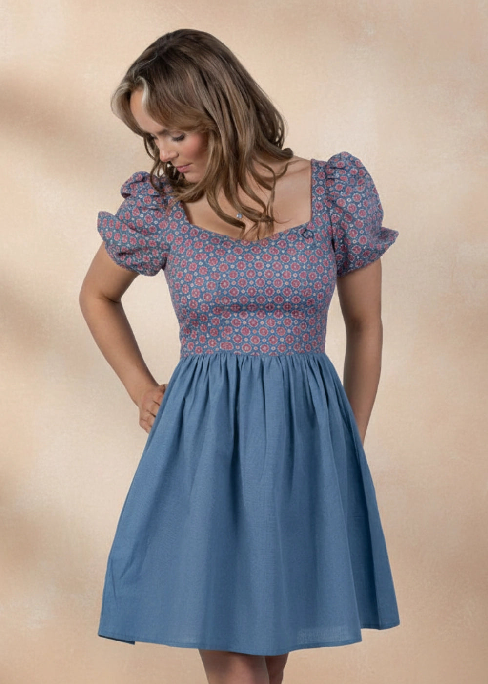 Roman Elegance Fit & Flare Blue Printed Cotton-Linen Dress | Sustainable Women's  Fashion
