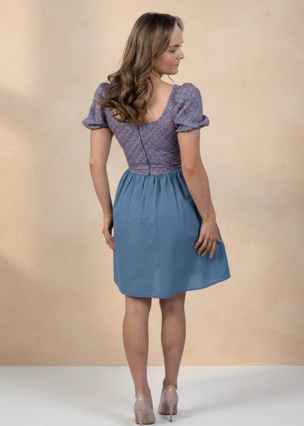 Roman Elegance Fit & Flare Blue Printed Cotton-Linen Dress