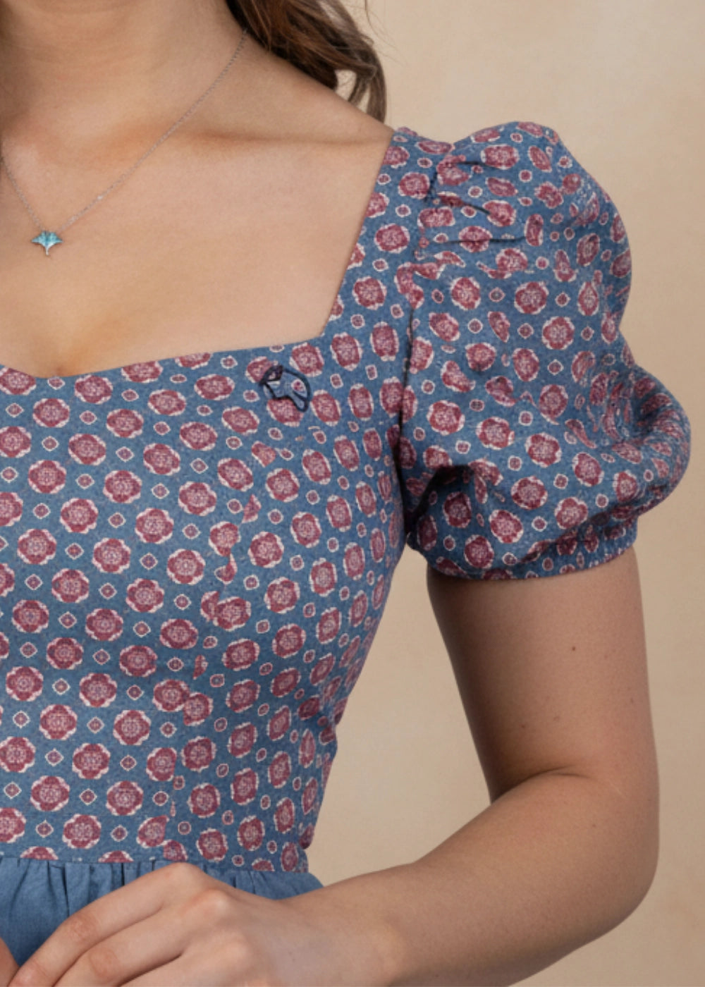 Roman Elegance Fit & Flare Blue Printed Cotton-Linen Dress Women Karee