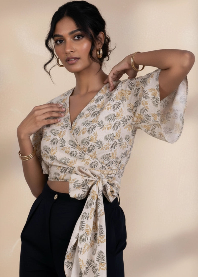 Biscuit Palm Print Wrap Linen Top for Women | Karee India Women Karee