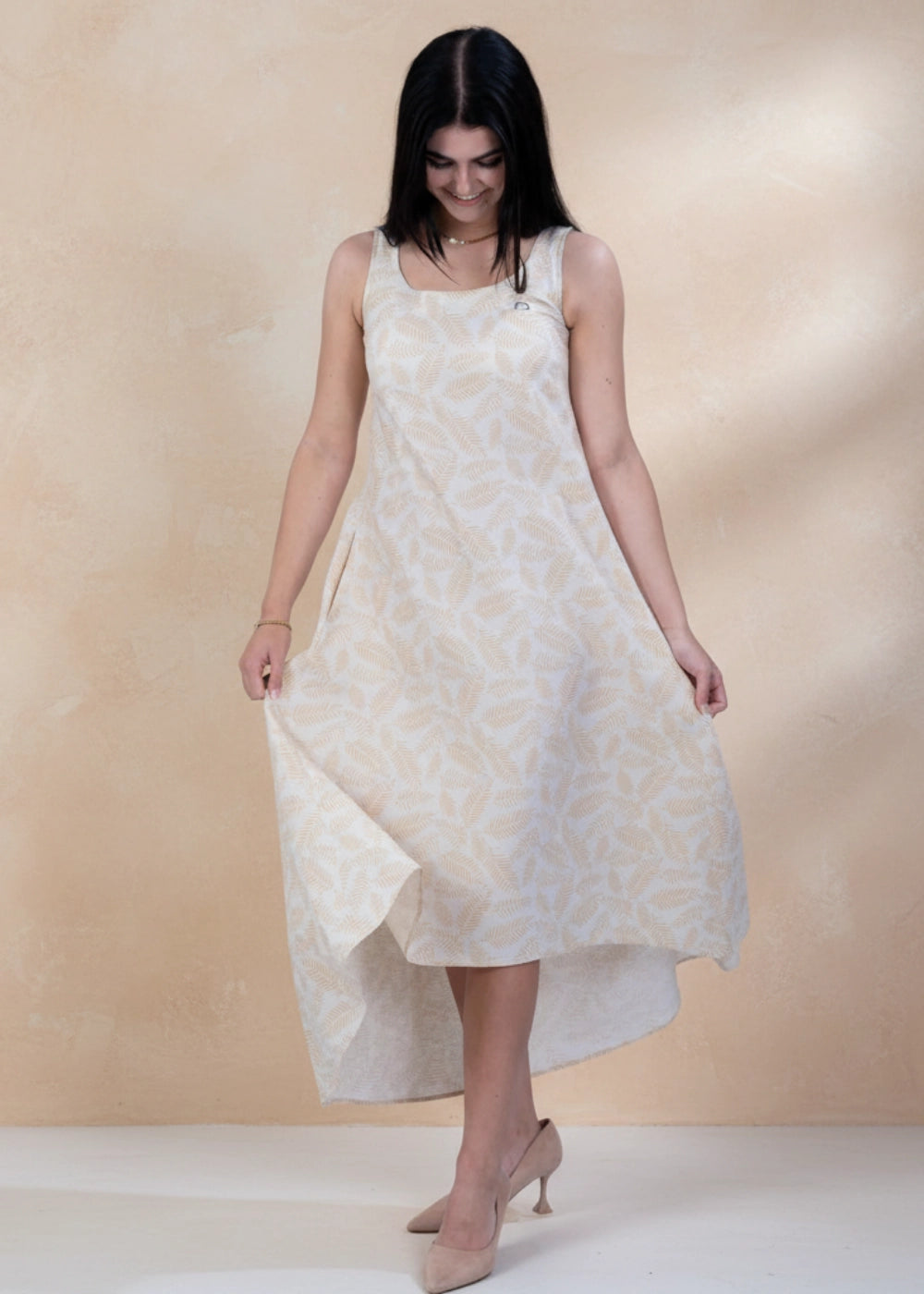 Green Leaf Print High-Low Linen Cotton Dress for Women India