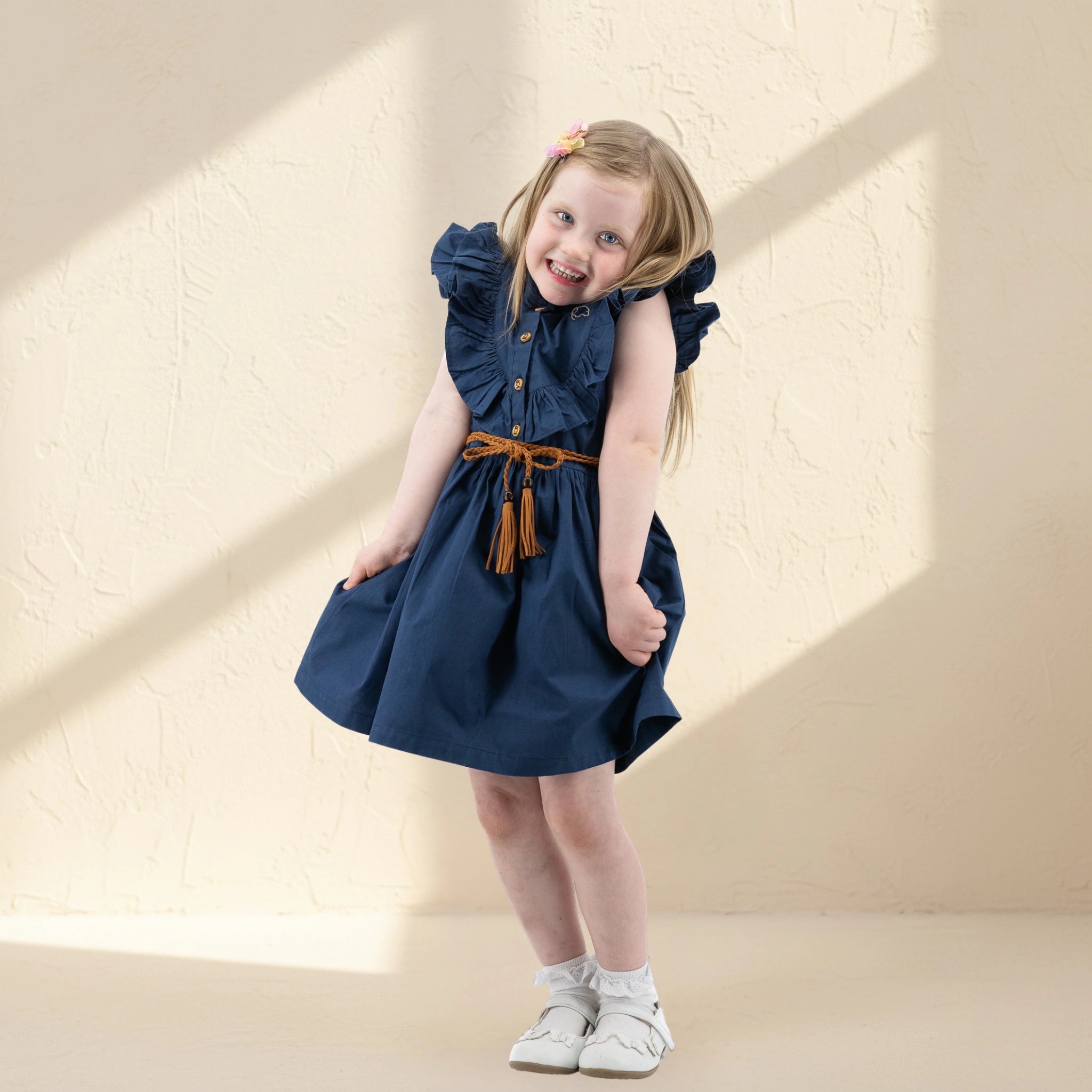 Navy Blue Butterfly Sleeve Cotton Dress for Girls