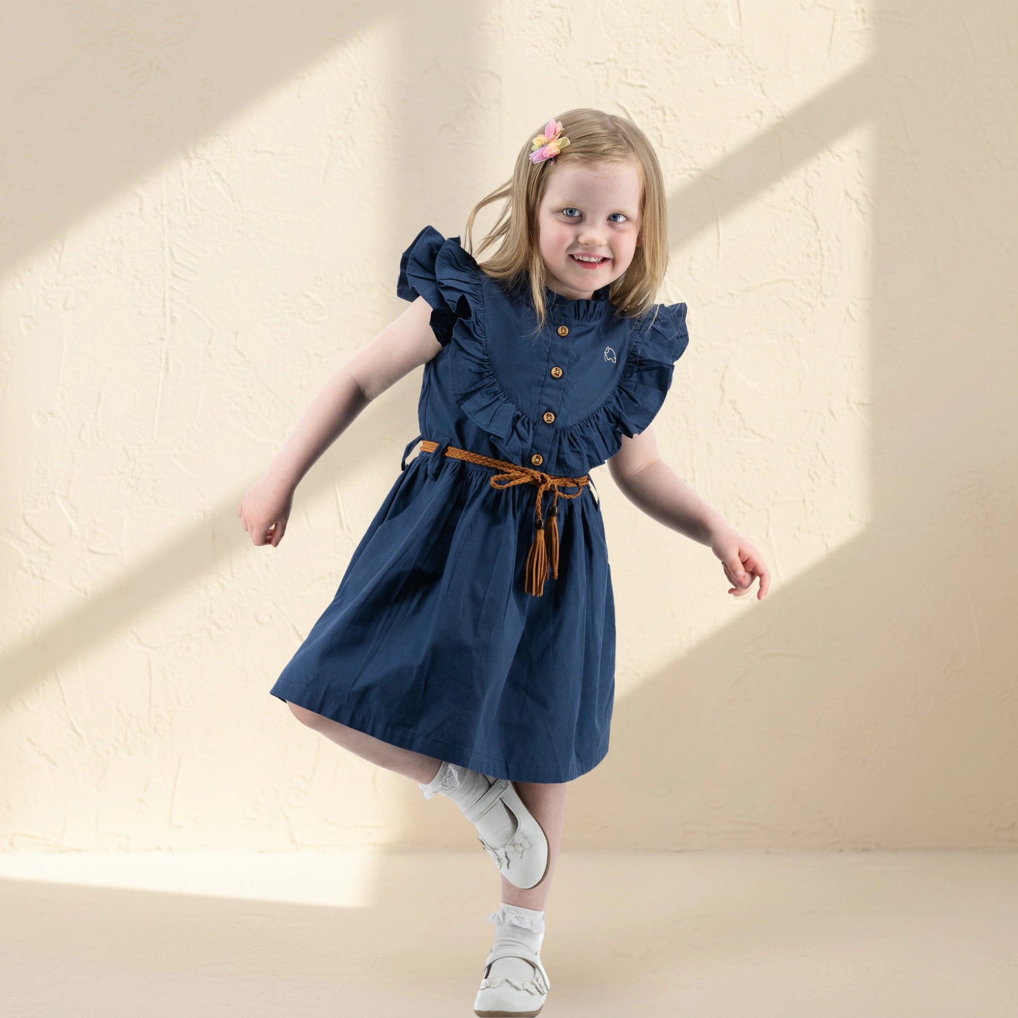 Navy Blue Butterfly Sleeve Cotton Dress for Girls | Karee Limited Edit Navy Blue Butterfly Sleeve Cotton Dress for Girls | Karee Limited Edit