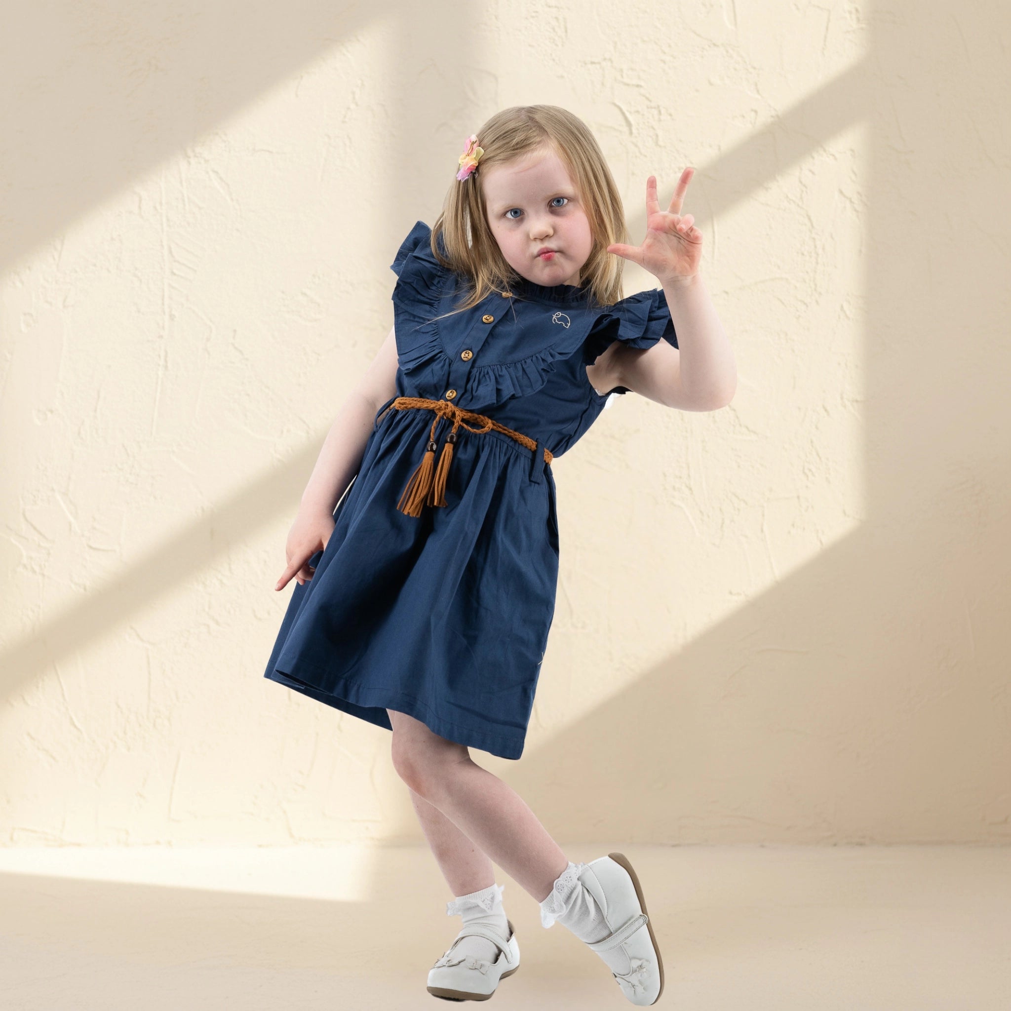 navy blue dress with white sneakers Navy Blue Butterfly Sleeve Cotton Dress for Girls