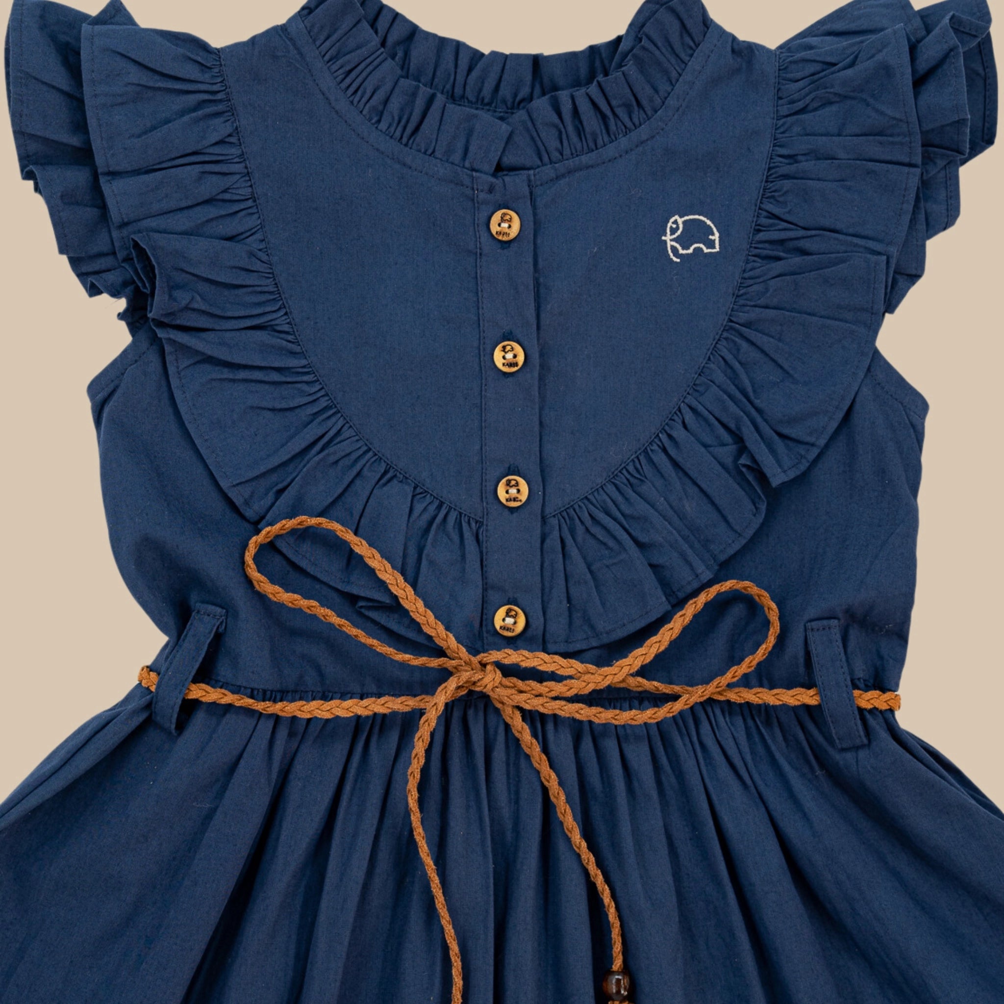 Navy Blue Butterfly Sleeve Cotton Dress for Girls | Karee Limited Edit