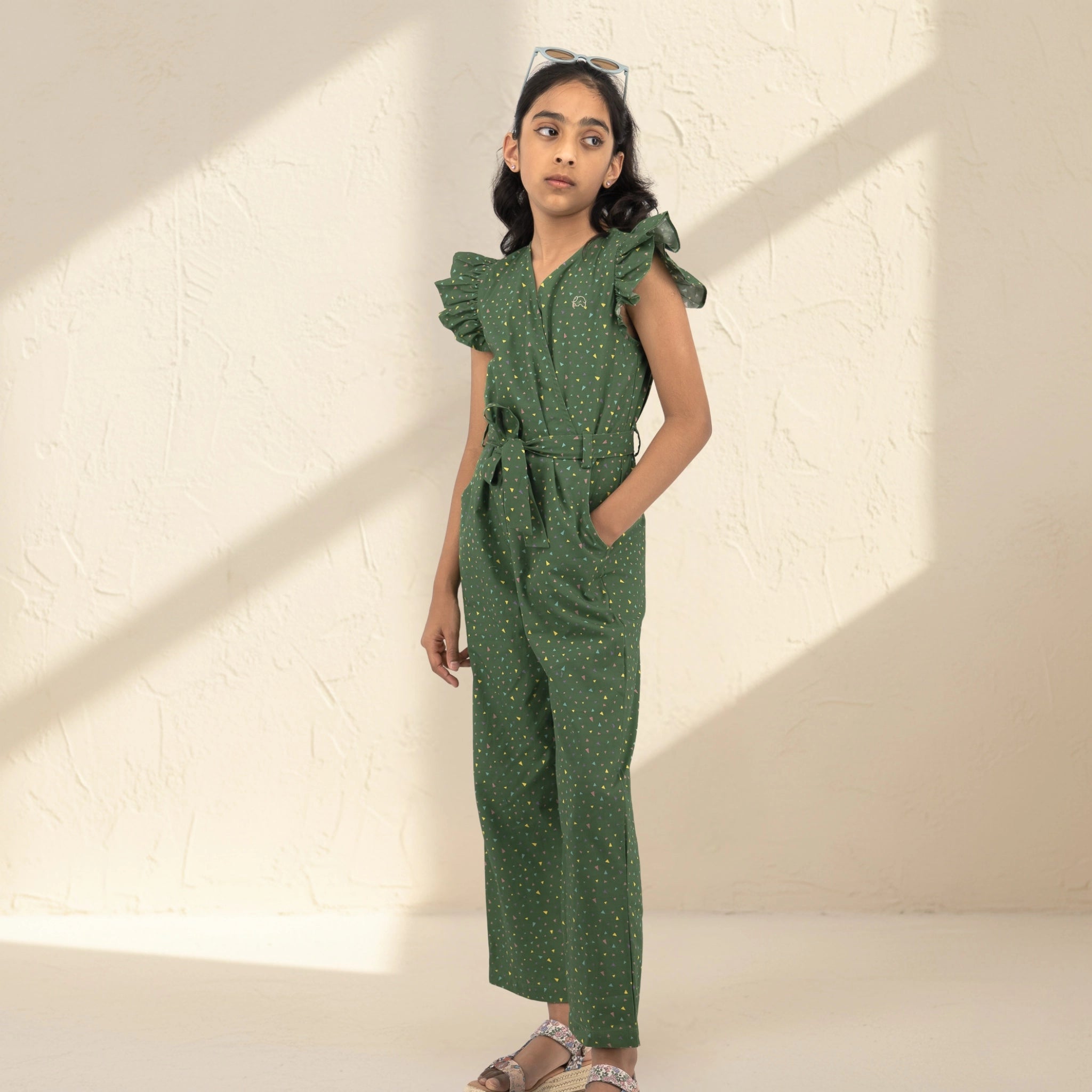 Green Confetti Cotton V-Neck Jumpsuit for Girls | Karee Sustainable Kidswear