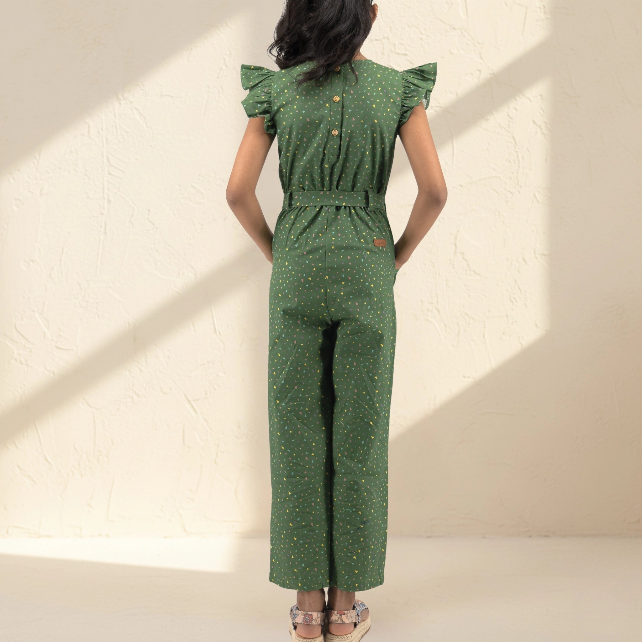 Green Confetti Cotton V-Neck Jumpsuit for Girls | Karee Sustainable Kidswear Kids Karee