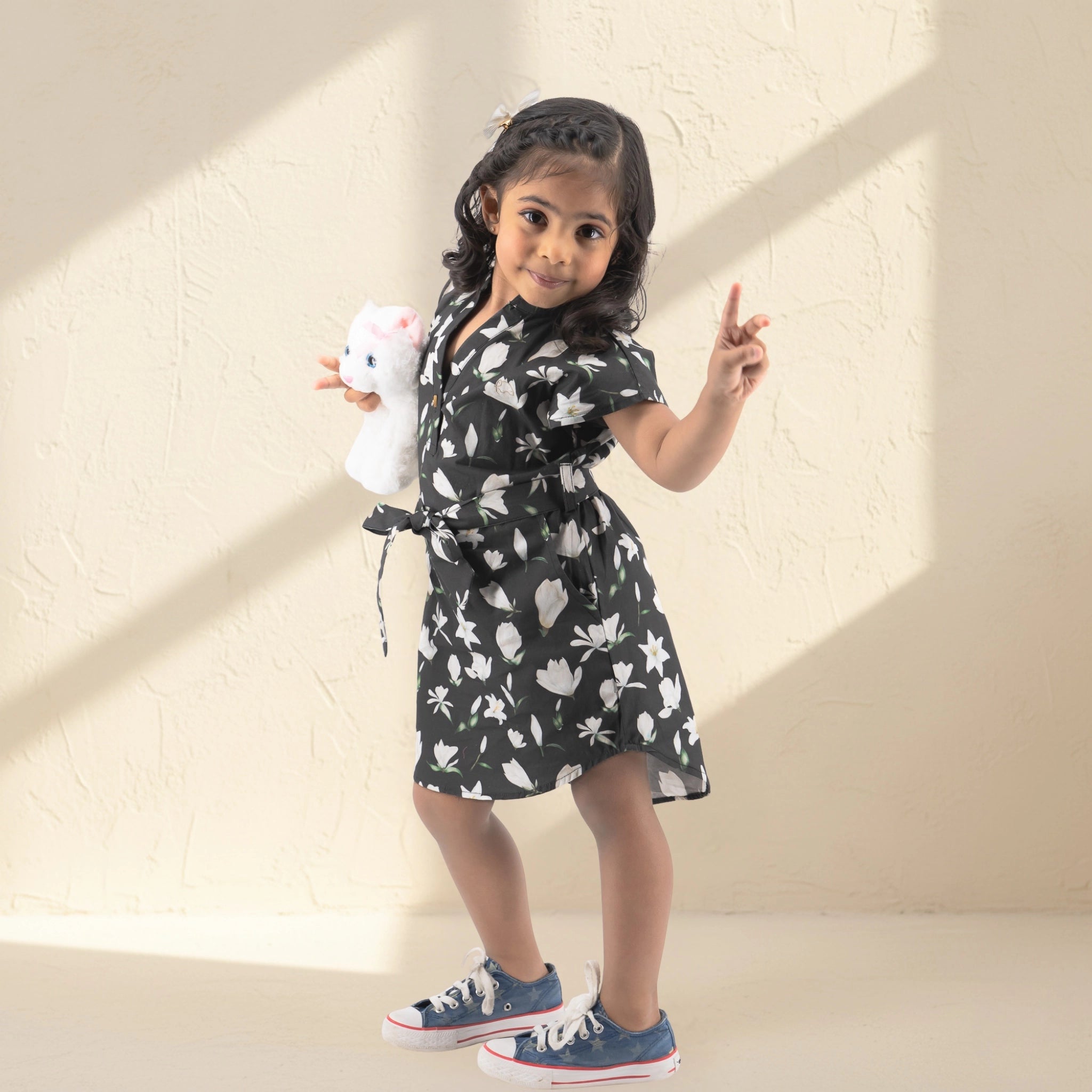 Black Lilly Blossom Cotton Shirt Dress for Girls | Karee Sustainable Kidswear Kids Karee