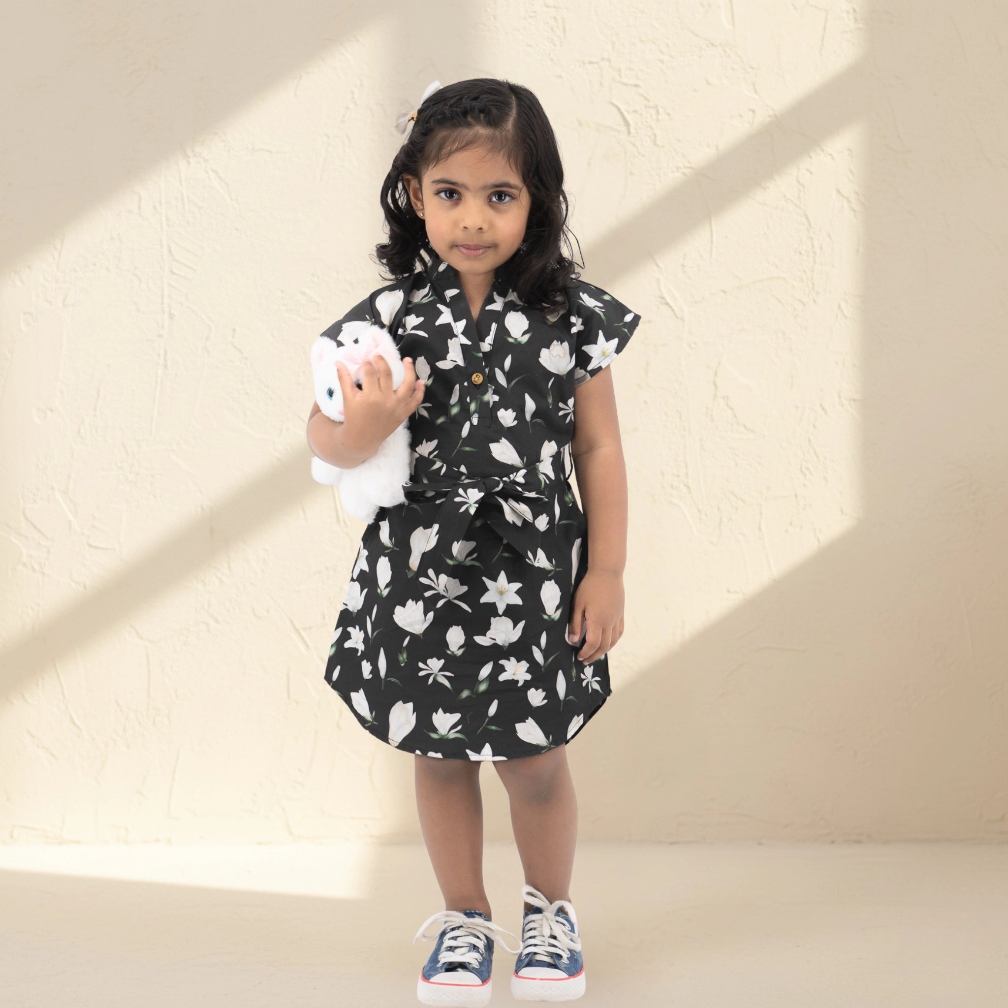 Black Lilly Blossom Cotton Shirt Dress for Girls | Karee Sustainable Kidswear Age 6-7 Kids Karee