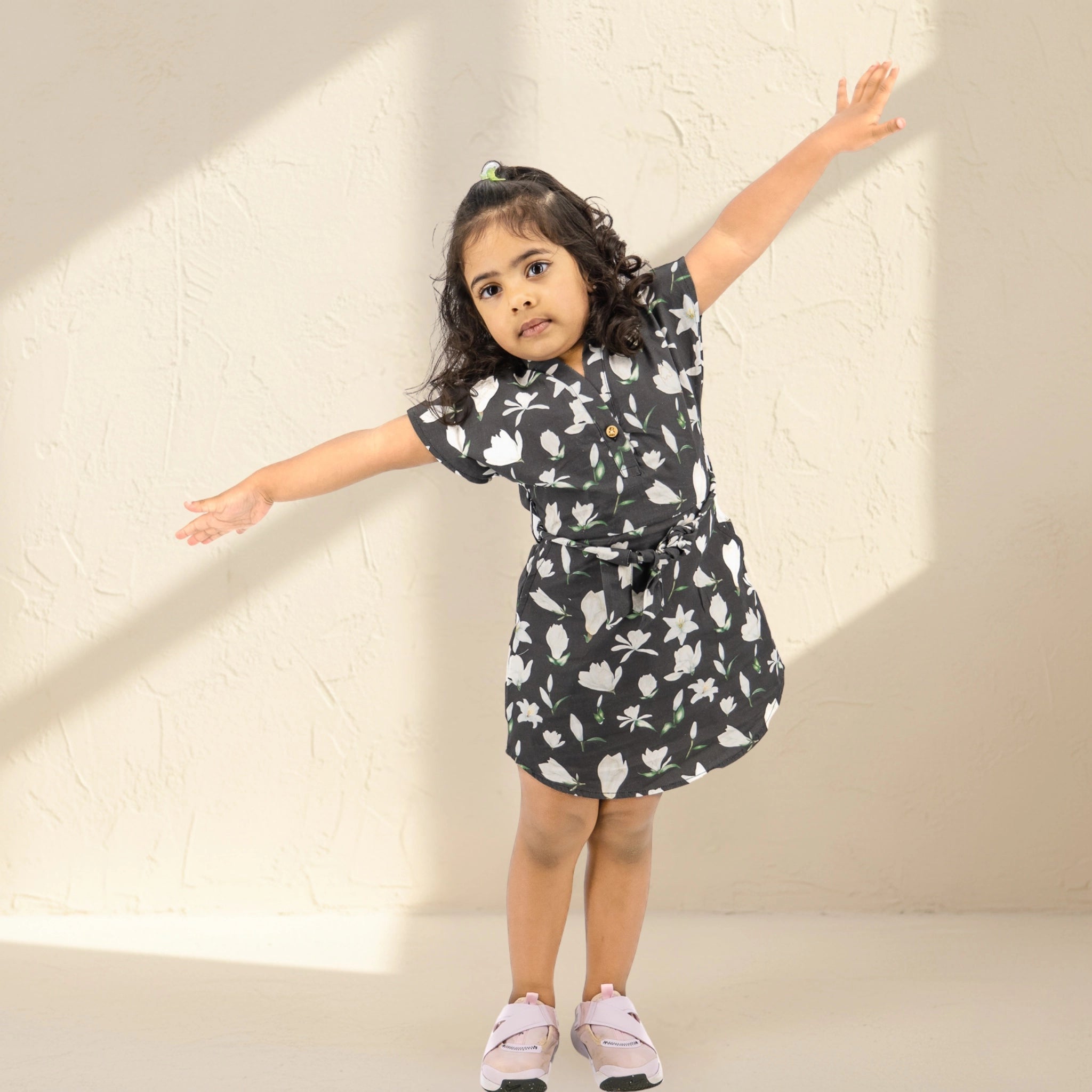 Black Lilly Blossom Cotton Shirt Dress for Girls | Karee Sustainable Kidswear Kids Karee