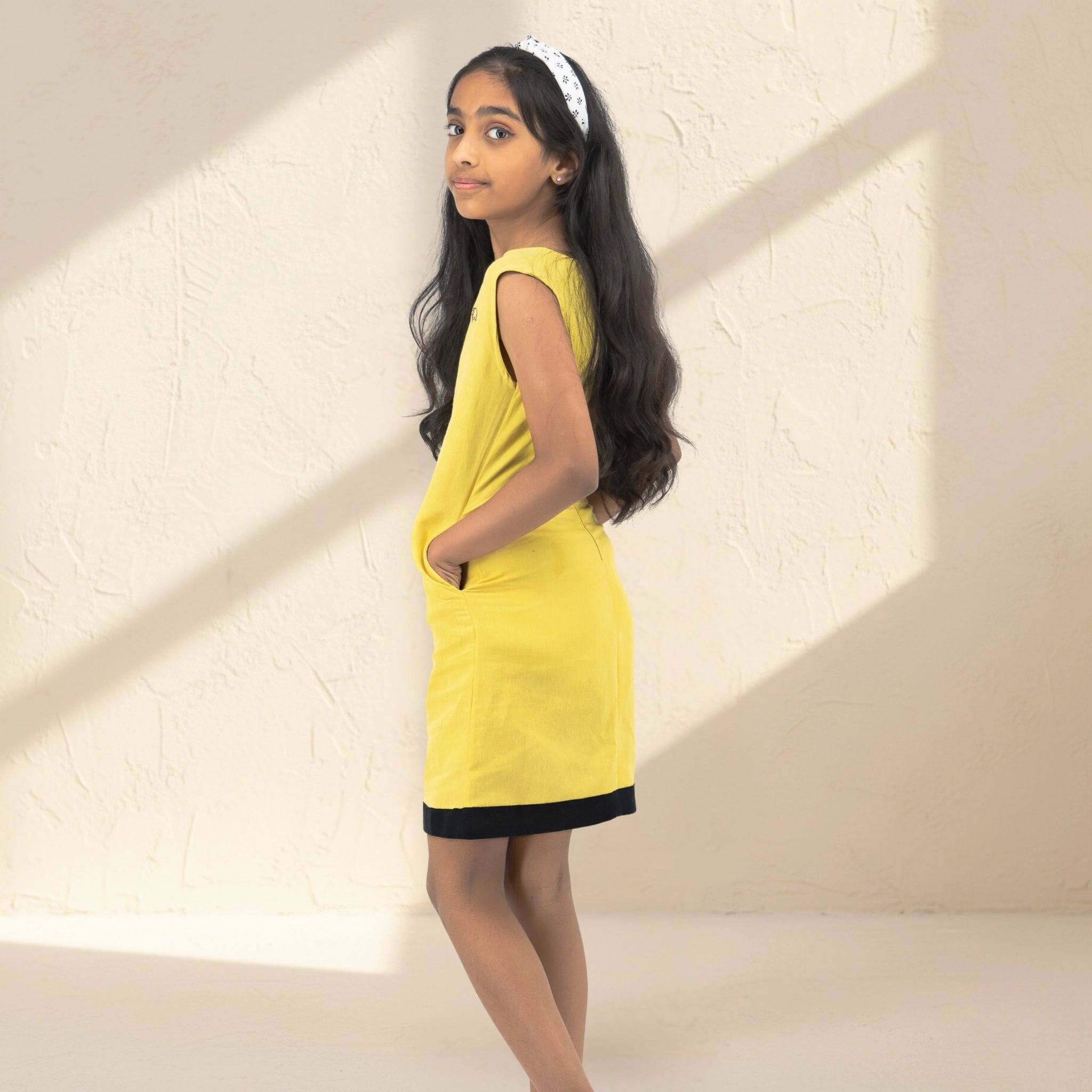 Cream Gold Linen Cotton Frock for Girls