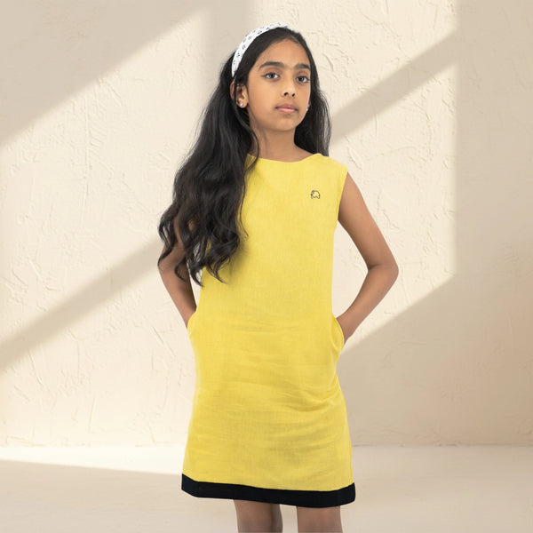 Cream Gold Linen Cotton Frock for Girls | Karee Sustainable Kidswear