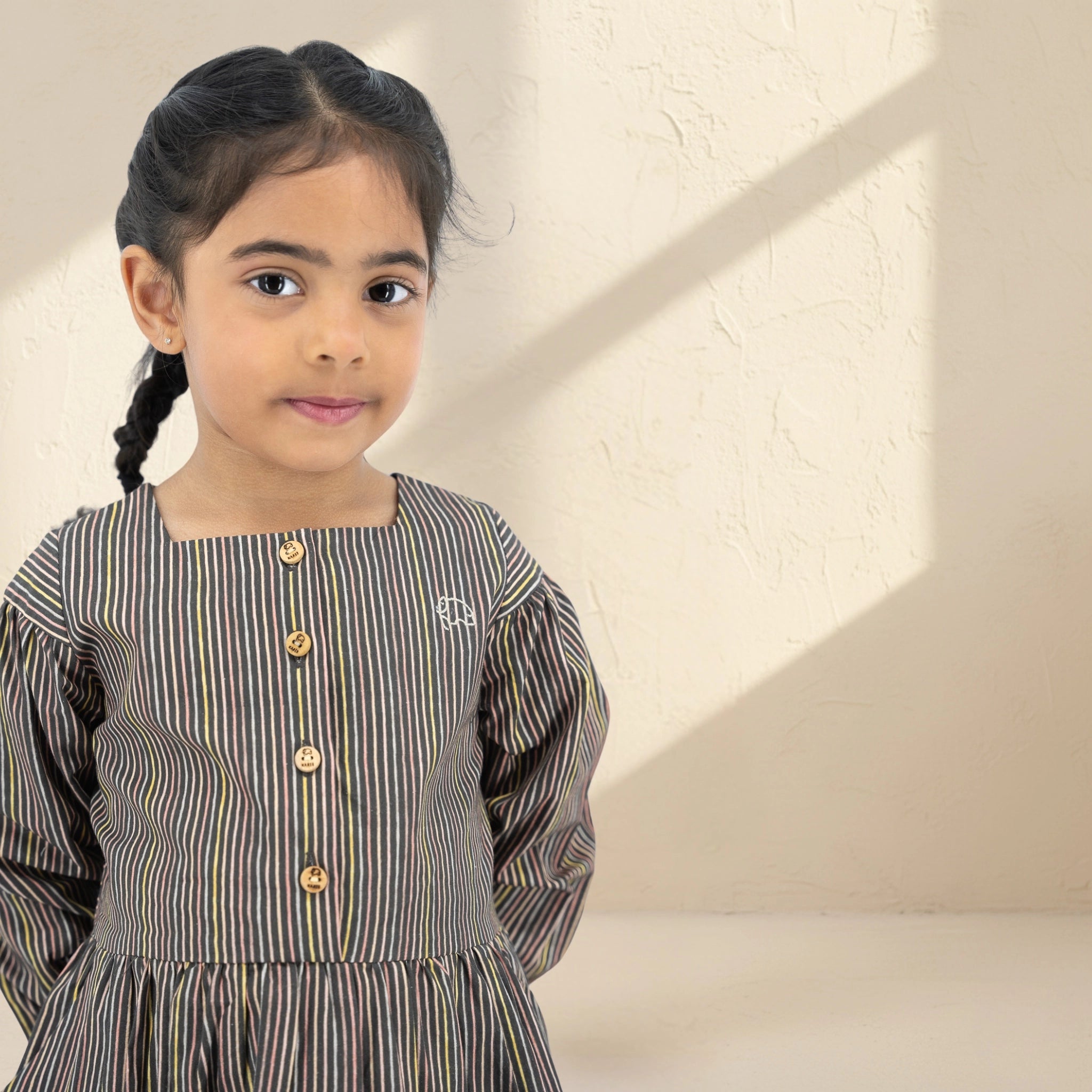 Black Striped Full Sleeve Cotton Dress for Girls | Karee Sustainable Kidswear Kids Karee