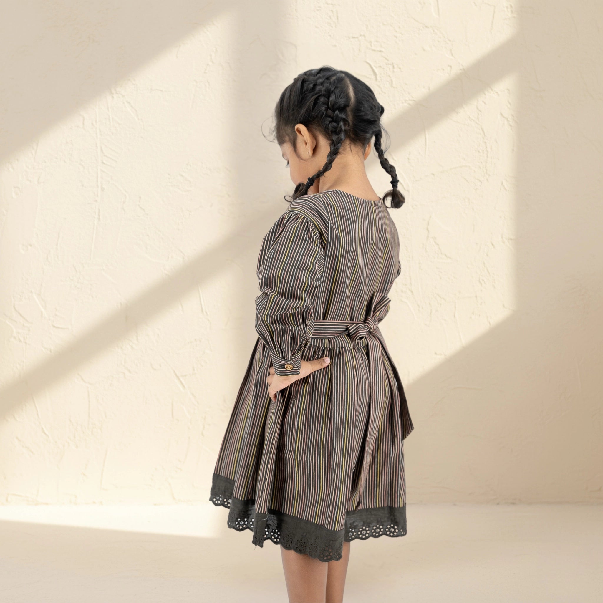 Black Striped Full Sleeve Cotton Dress for Girls | Karee Sustainable Kidswear Kids Karee