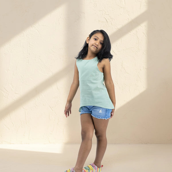 Smoke Green Cotton Bib Neck Top for Girls | Karee Sustainable Kidswear
