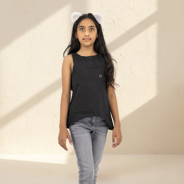 Black Cotton Bib Neck Top for Girls | Karee Sustainable Kidswear