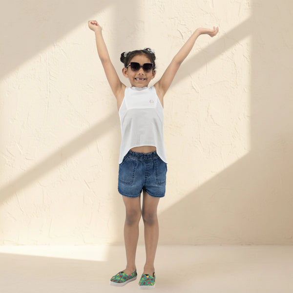 White Cotton Bib Neck Top for Girls | Karee Sustainable Kidswear
