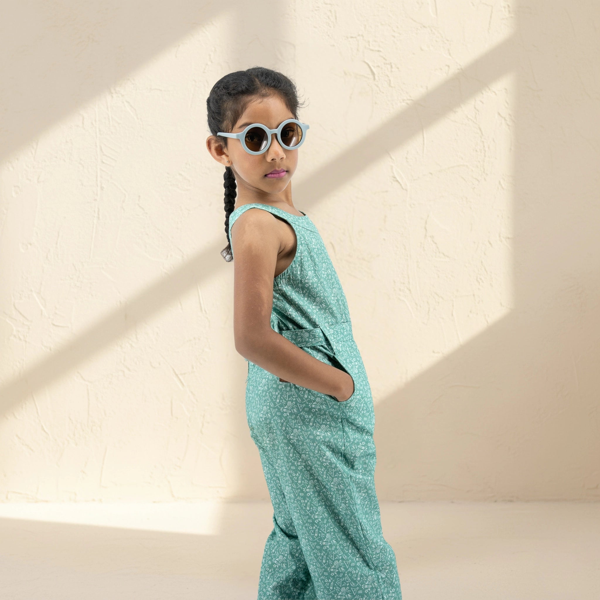 Smoke Green Cotton Jumpsuit for Girls | Karee Sustainable Kidswear