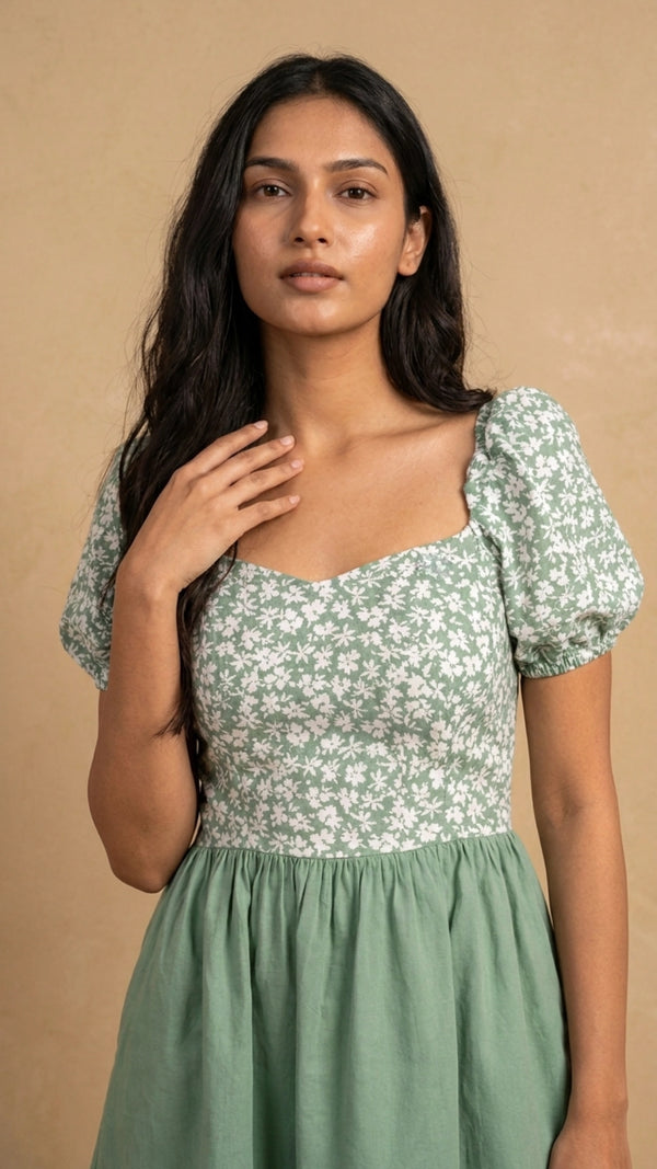 Green Floral Fit and Flare Cotton Linen Dress for Women India | Karee