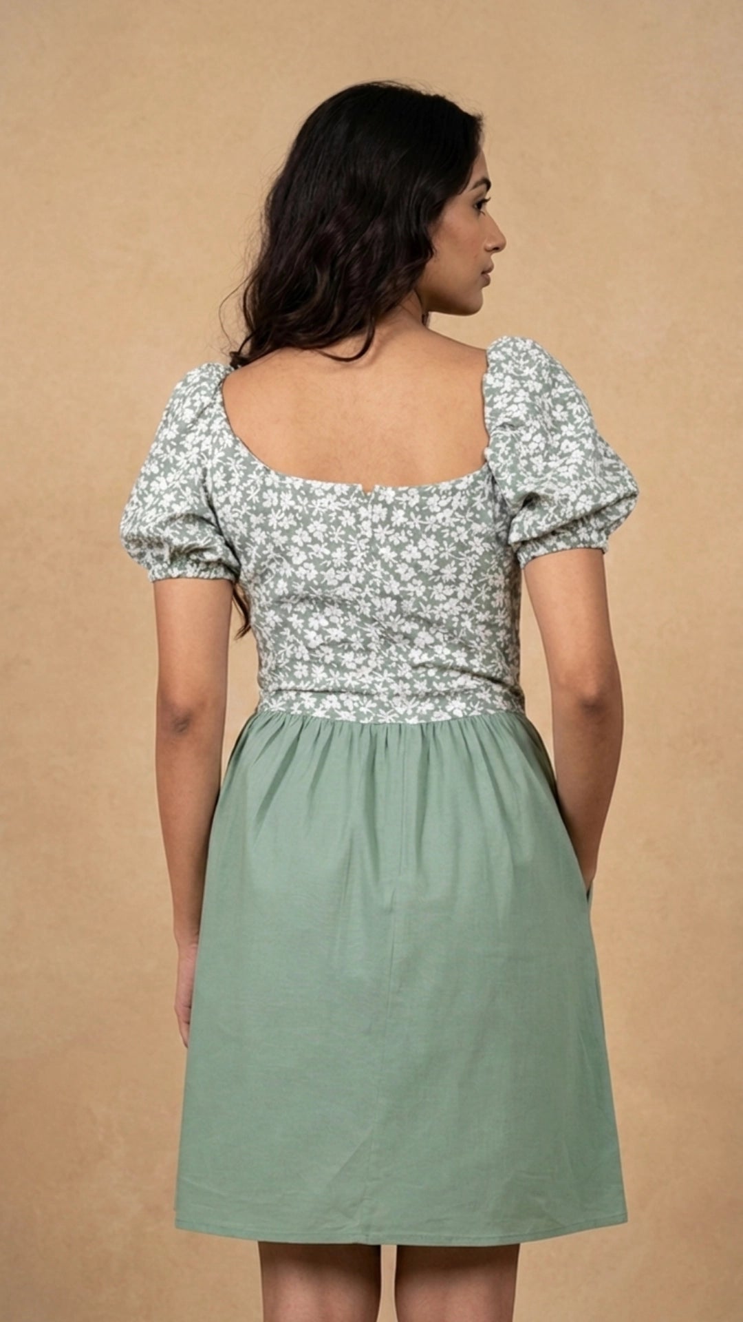 Green Floral Fit and Flare Cotton Linen Dress for Women India | Karee Women Karee