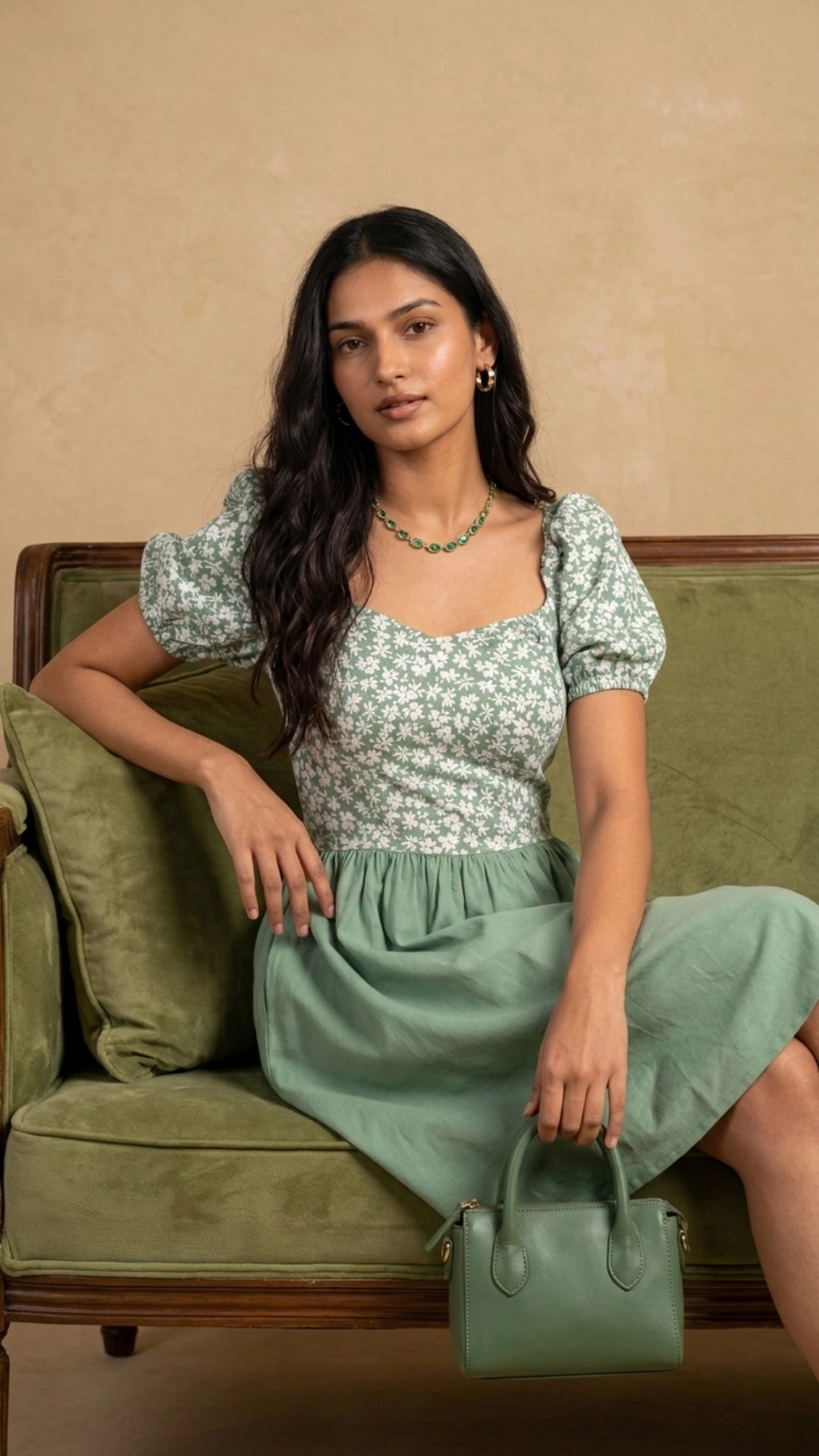 Green Floral Fit and Flare Cotton Linen Dress for Women India | Karee Women Karee