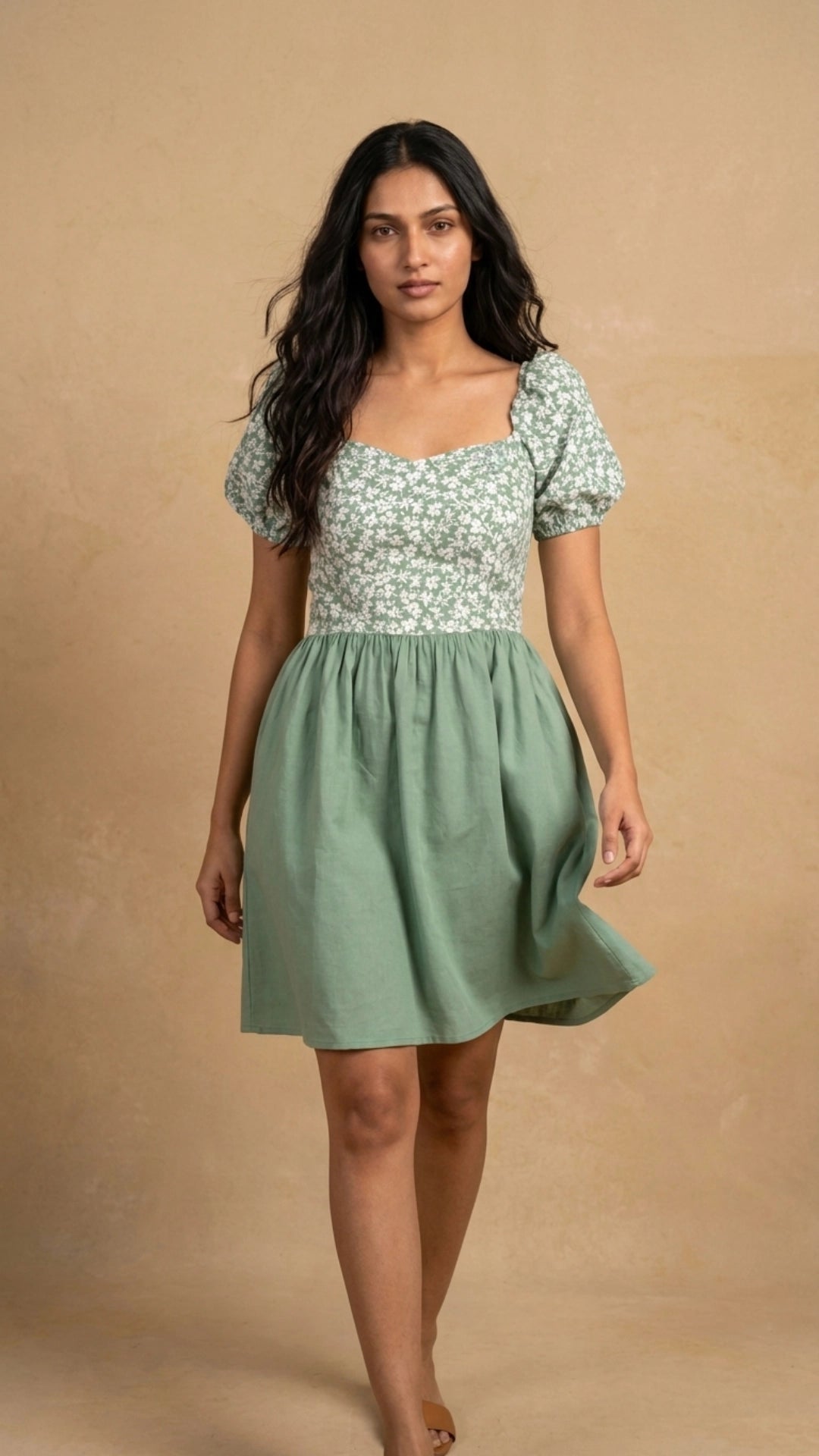 Green Floral Fit and Flare Cotton Linen Dress for Women India | Karee Women Karee