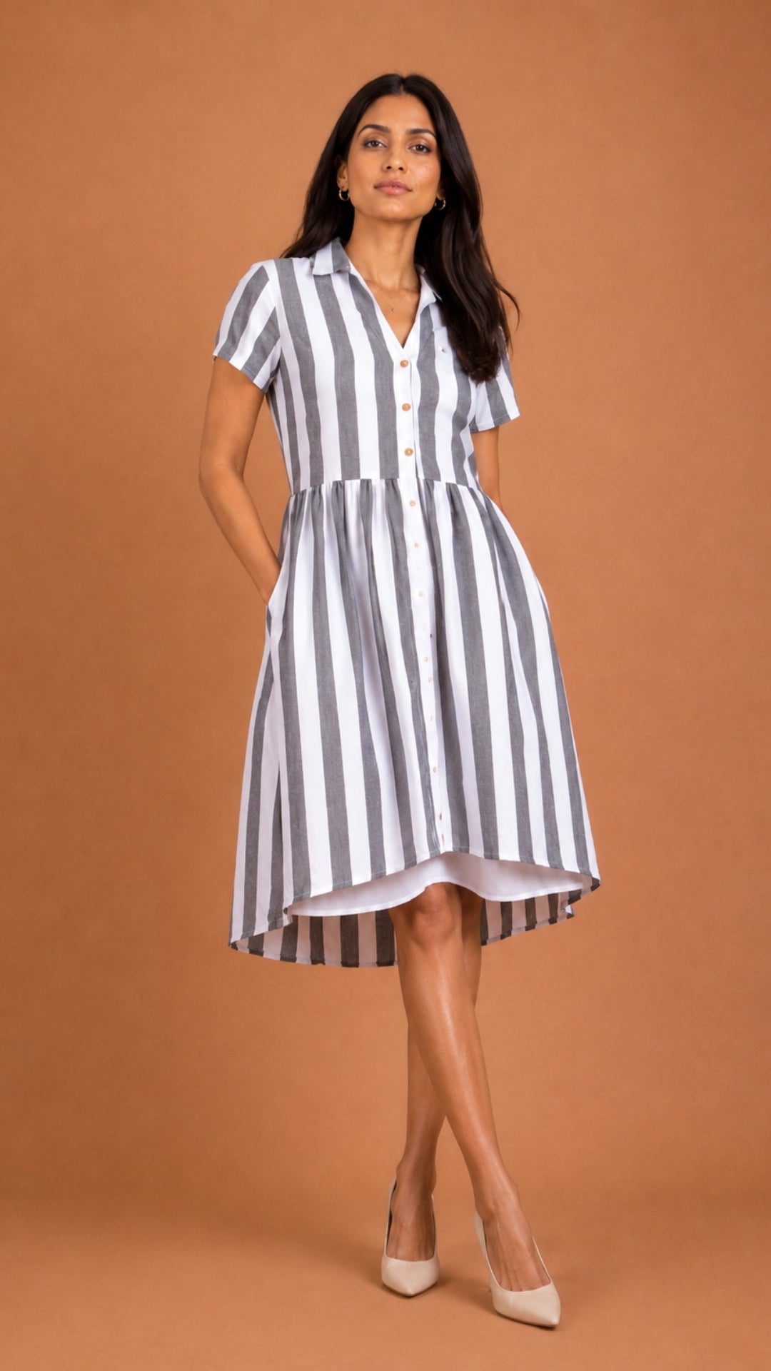 Grey White Stripe Slit Midi Dress for Women India | Karee Women Karee