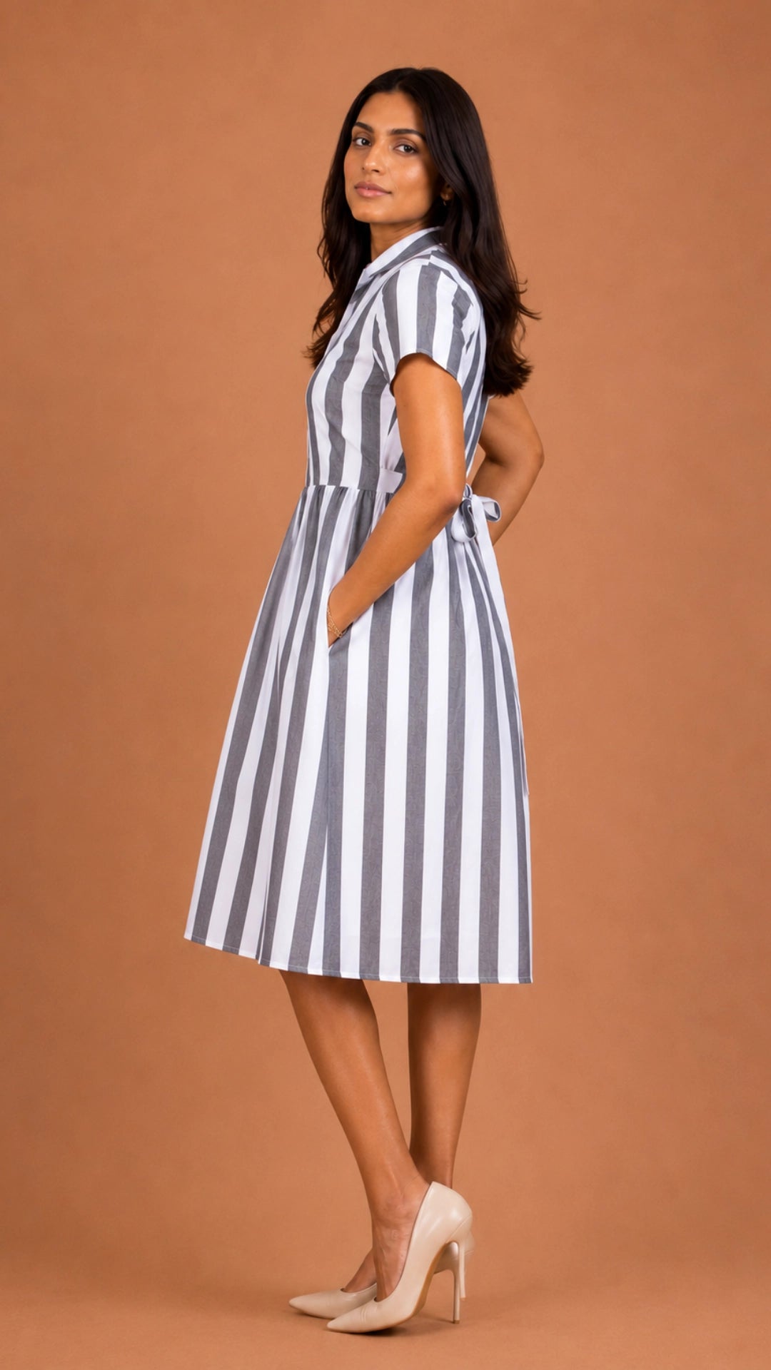 Grey White Stripe Slit Midi Dress for Women India | Karee Women Karee