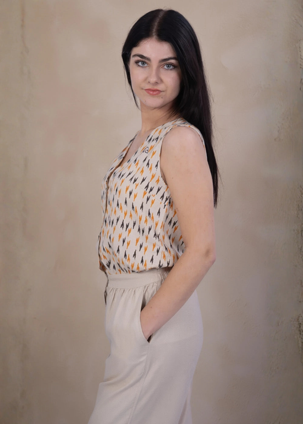 Beige Chevron Linen-Cotton Jumpsuit