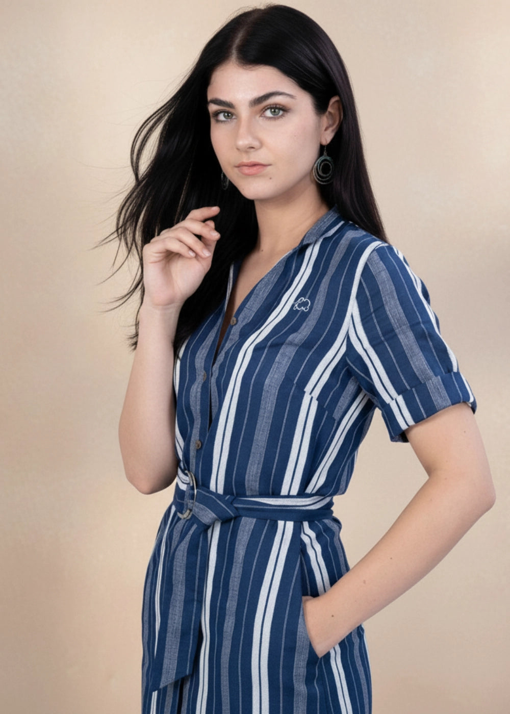 Model wearing Karee’s Navy Khadi Linen Shirt Dress — breathable linen khadi weave dress with pockets, belt, and mandarin collar, ethically made in India.