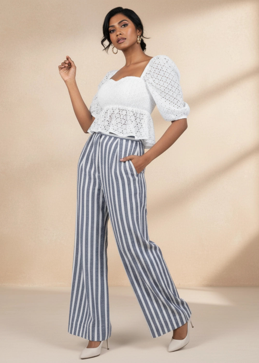 Monochrome Striped Linen Trousers Women Karee